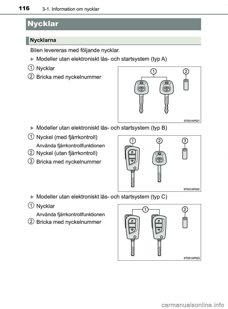 TOYOTA YARIS HATCHBACK 2018 Bruksanvisningar (in Swedish) 1163-1. Information om nycklar
YARIS_HV_OM_Europe_OM52C96SE
Nycklar
Bilen levereras med följande nycklar.
Modeller utan elektroniskt lås- och startsystem (typ A)
Nycklar
Bricka med nyckelnummer
TOYOTA YARIS HATCHBACK 2018 Bruksanvisningar (in Swedish) 1163-1. Information om nycklar
YARIS_HV_OM_Europe_OM52C96SE
Nycklar
Bilen levereras med följande nycklar.
Modeller utan elektroniskt lås- och startsystem (typ A)
Nycklar
Bricka med nyckelnummer