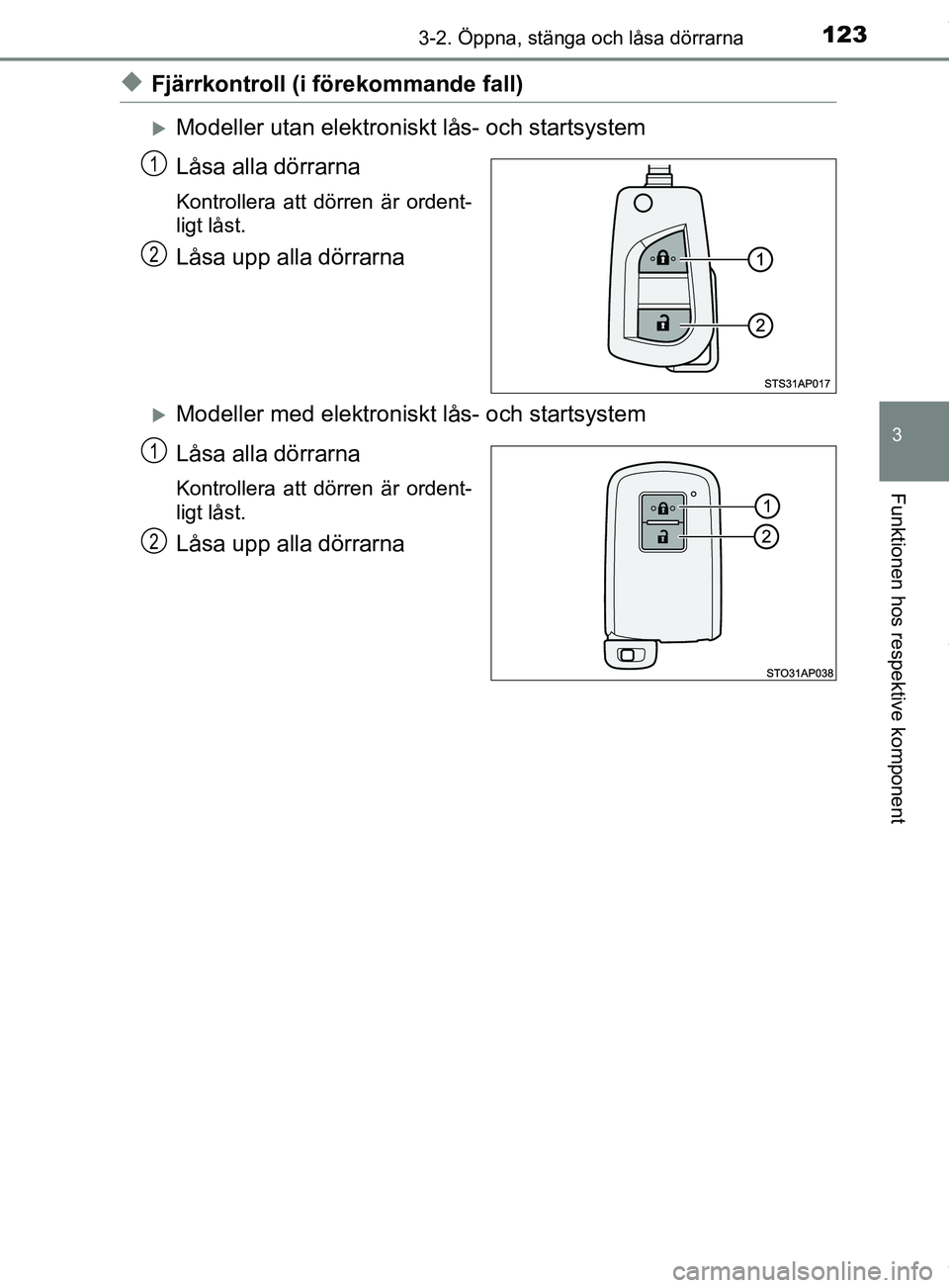 TOYOTA YARIS HATCHBACK 2018  Bruksanvisningar (in Swedish) 1233-2. Öppna, stänga och låsa dörrarna
3
Funktionen hos respektive komponent
YARIS_HV_OM_Europe_OM52C96SE
uFjärrkontroll (i förekommande fall)
Modeller utan elektroniskt lås- och startsyste