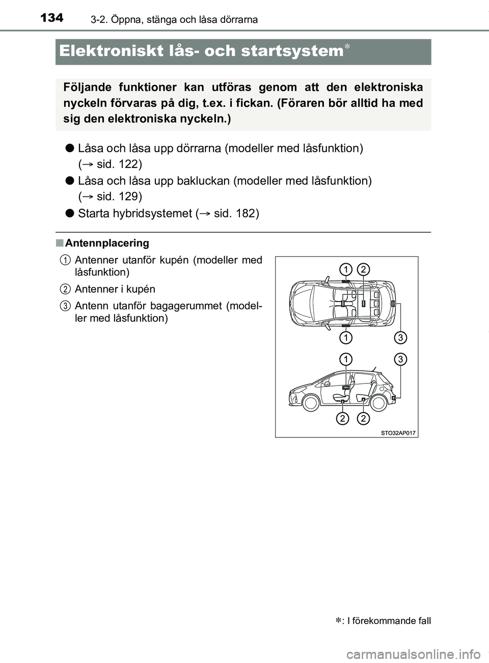 TOYOTA YARIS HATCHBACK 2018 Bruksanvisningar (in Swedish) 1343-2. Öppna, stänga och låsa dörrarna
YARIS_HV_OM_Europe_OM52C96SE
Elektroniskt lås- och startsystem
lLåsa och låsa upp dörrarna (modeller med låsfunktion)
( sid. 122)
l Låsa och l TOYOTA YARIS HATCHBACK 2018 Bruksanvisningar (in Swedish) 1343-2. Öppna, stänga och låsa dörrarna
YARIS_HV_OM_Europe_OM52C96SE
Elektroniskt lås- och startsystem
lLåsa och låsa upp dörrarna (modeller med låsfunktion)
( sid. 122)
l Låsa och l