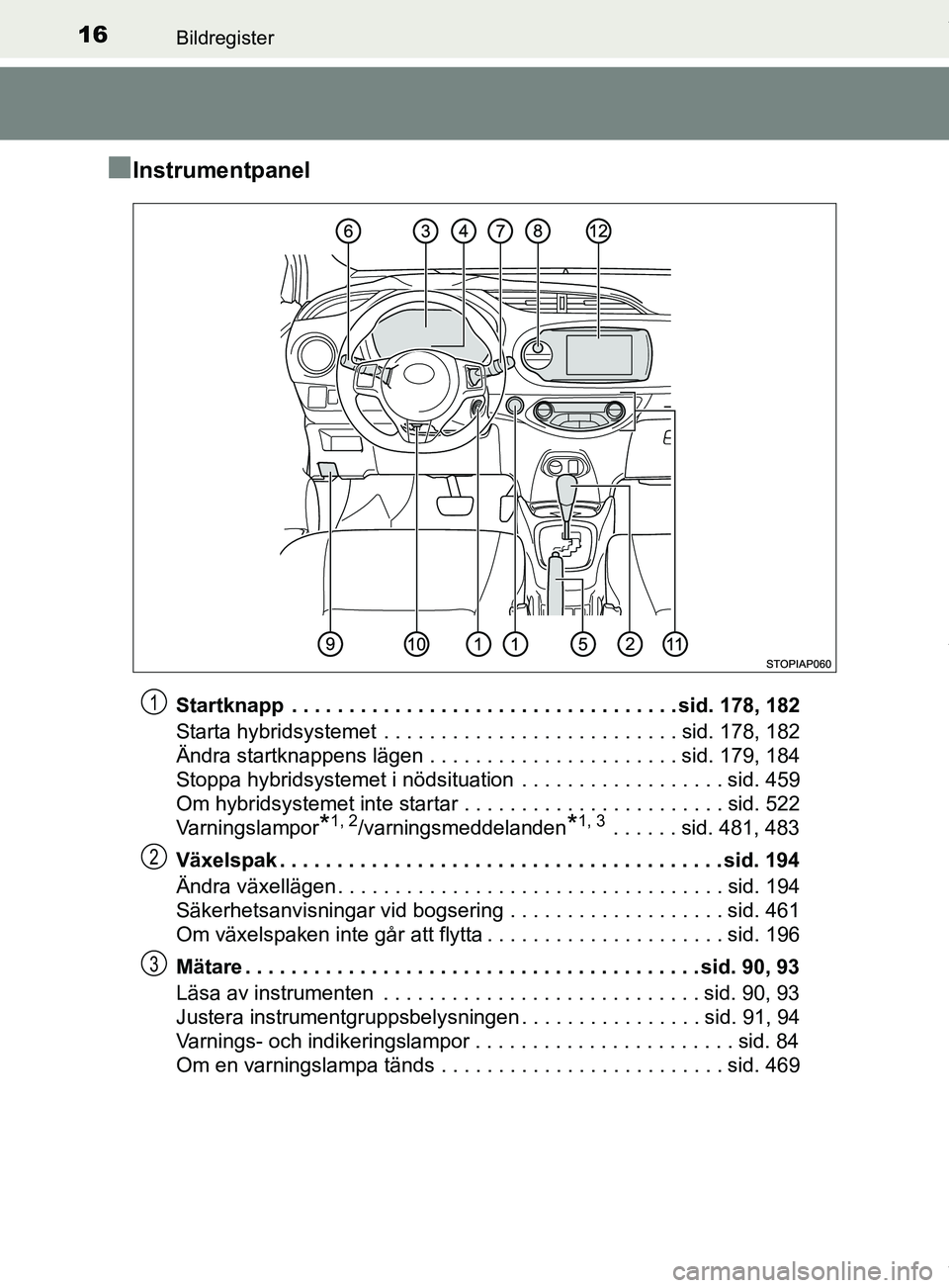 TOYOTA YARIS HATCHBACK 2018 Bruksanvisningar (in Swedish) 16Bildregister
YARIS_HV_OM_Europe_OM52C96SE
nInstrumentpanel
Startknapp . . . . . . . . . . . . . . . . . . . . . . . . . . . . . . . . . . sid. 178, 182
Starta hybridsystemet . . . . . . . . . . . TOYOTA YARIS HATCHBACK 2018 Bruksanvisningar (in Swedish) 16Bildregister
YARIS_HV_OM_Europe_OM52C96SE
nInstrumentpanel
Startknapp . . . . . . . . . . . . . . . . . . . . . . . . . . . . . . . . . . sid. 178, 182
Starta hybridsystemet . . . . . . . . . . .