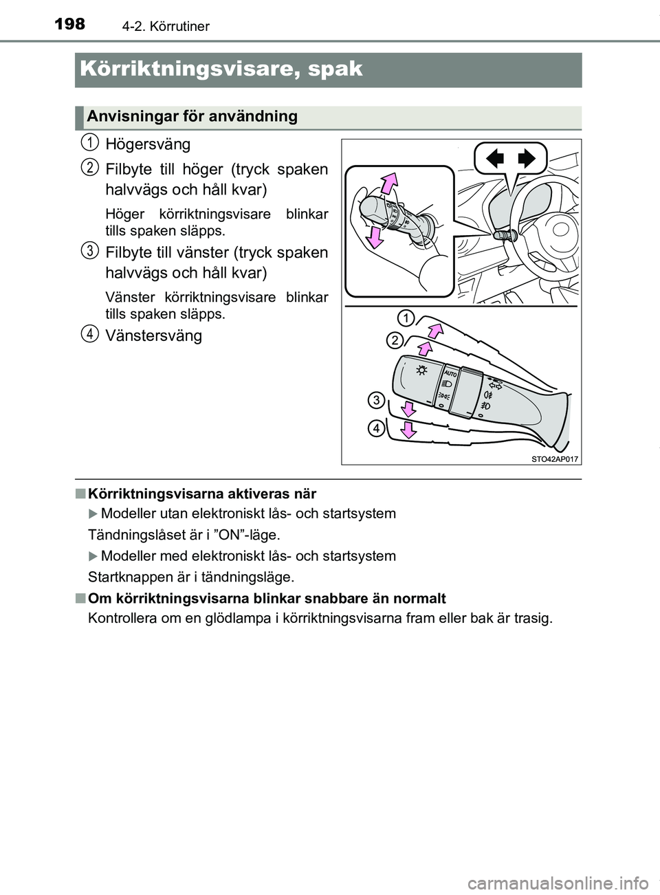 TOYOTA YARIS HATCHBACK 2018 Bruksanvisningar (in Swedish) 1984-2. Körrutiner
YARIS_HV_OM_Europe_OM52C96SE
Körriktningsvisare, spak
Högersväng
Filbyte till höger (tryck spaken
halvvägs och håll kvar)
Höger körriktningsvisare blinkar
tills spaken slä TOYOTA YARIS HATCHBACK 2018 Bruksanvisningar (in Swedish) 1984-2. Körrutiner
YARIS_HV_OM_Europe_OM52C96SE
Körriktningsvisare, spak
Högersväng
Filbyte till höger (tryck spaken
halvvägs och håll kvar)
Höger körriktningsvisare blinkar
tills spaken slä