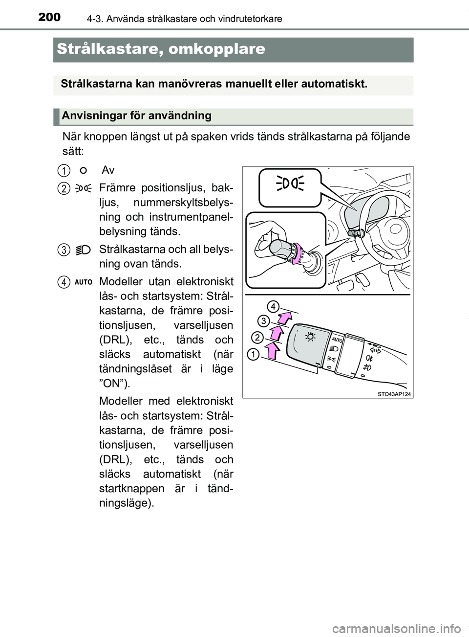 TOYOTA YARIS HATCHBACK 2018 Bruksanvisningar (in Swedish) 2004-3. Använda strålkastare och vindrutetorkare
YARIS_HV_OM_Europe_OM52C96SE
Strålkastare, omkopplare
När knoppen längst ut på spaken vrids tänds strålkastarna på följande
sätt: Av
Främre TOYOTA YARIS HATCHBACK 2018 Bruksanvisningar (in Swedish) 2004-3. Använda strålkastare och vindrutetorkare
YARIS_HV_OM_Europe_OM52C96SE
Strålkastare, omkopplare
När knoppen längst ut på spaken vrids tänds strålkastarna på följande
sätt: Av
Främre