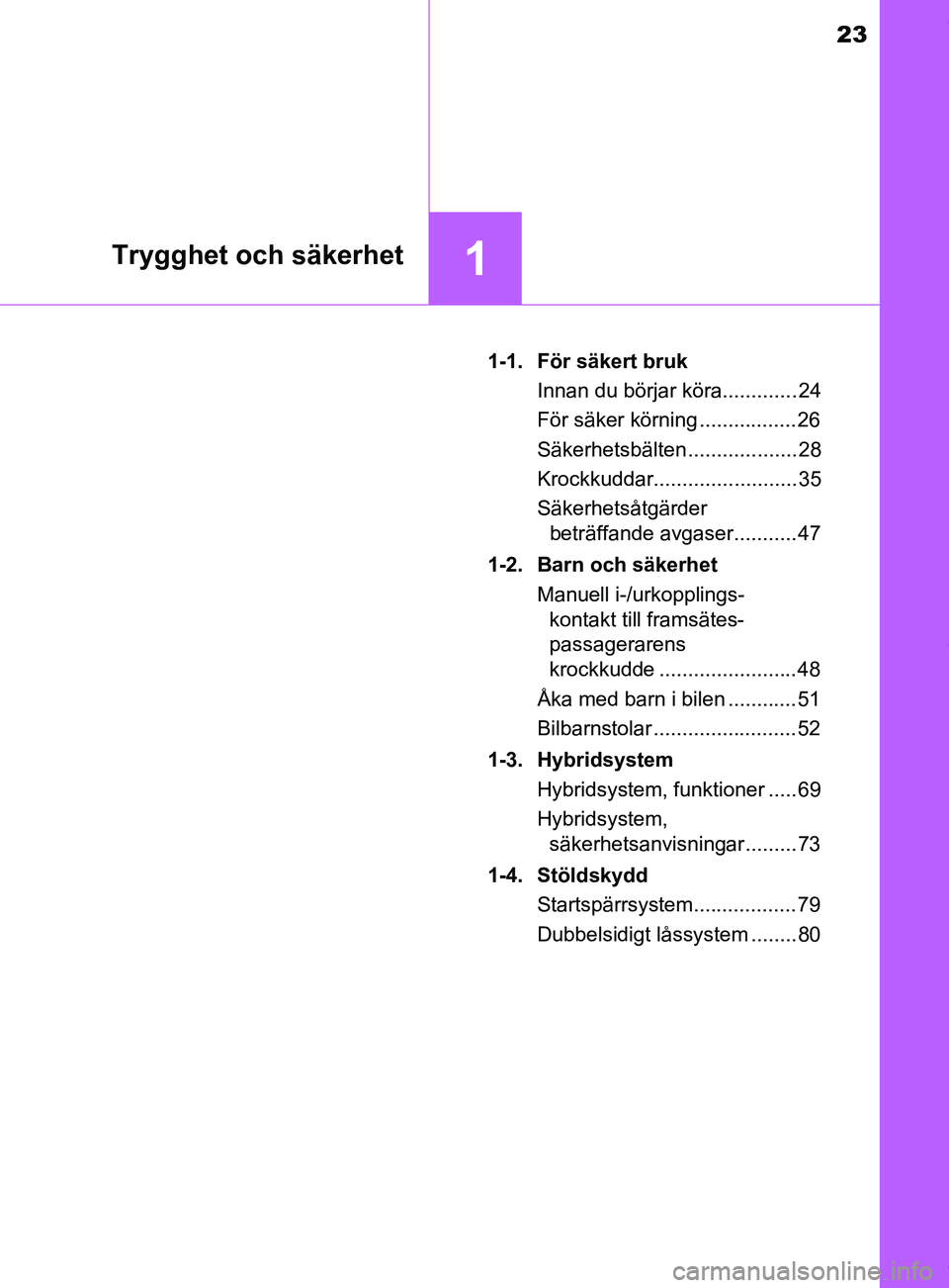 TOYOTA YARIS HATCHBACK 2018 Bruksanvisningar (in Swedish) 23
1Trygghet och säkerhet
YARIS_HV_OM_Europe_OM52C96SE1-1. För säkert bruk
Innan du börjar köra............. 24
För säker körning .................26
Säkerhetsbälten ................... 28
K TOYOTA YARIS HATCHBACK 2018 Bruksanvisningar (in Swedish) 23
1Trygghet och säkerhet
YARIS_HV_OM_Europe_OM52C96SE1-1. För säkert bruk
Innan du börjar köra............. 24
För säker körning .................26
Säkerhetsbälten ................... 28
K