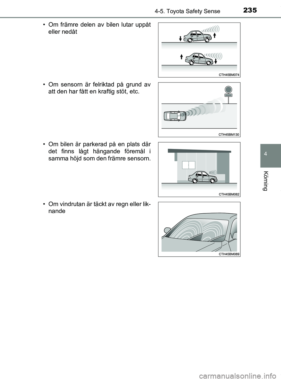 TOYOTA YARIS HATCHBACK 2018 Bruksanvisningar (in Swedish) 2354-5. Toyota Safety Sense
4
Körning
YARIS_HV_OM_Europe_OM52C96SE• Om främre delen av bilen lutar uppåt
eller nedåt
• Om sensorn är felriktad på grund av att den har fått en kraftig stöt, TOYOTA YARIS HATCHBACK 2018 Bruksanvisningar (in Swedish) 2354-5. Toyota Safety Sense
4
Körning
YARIS_HV_OM_Europe_OM52C96SE• Om främre delen av bilen lutar uppåt
eller nedåt
• Om sensorn är felriktad på grund av att den har fått en kraftig stöt,