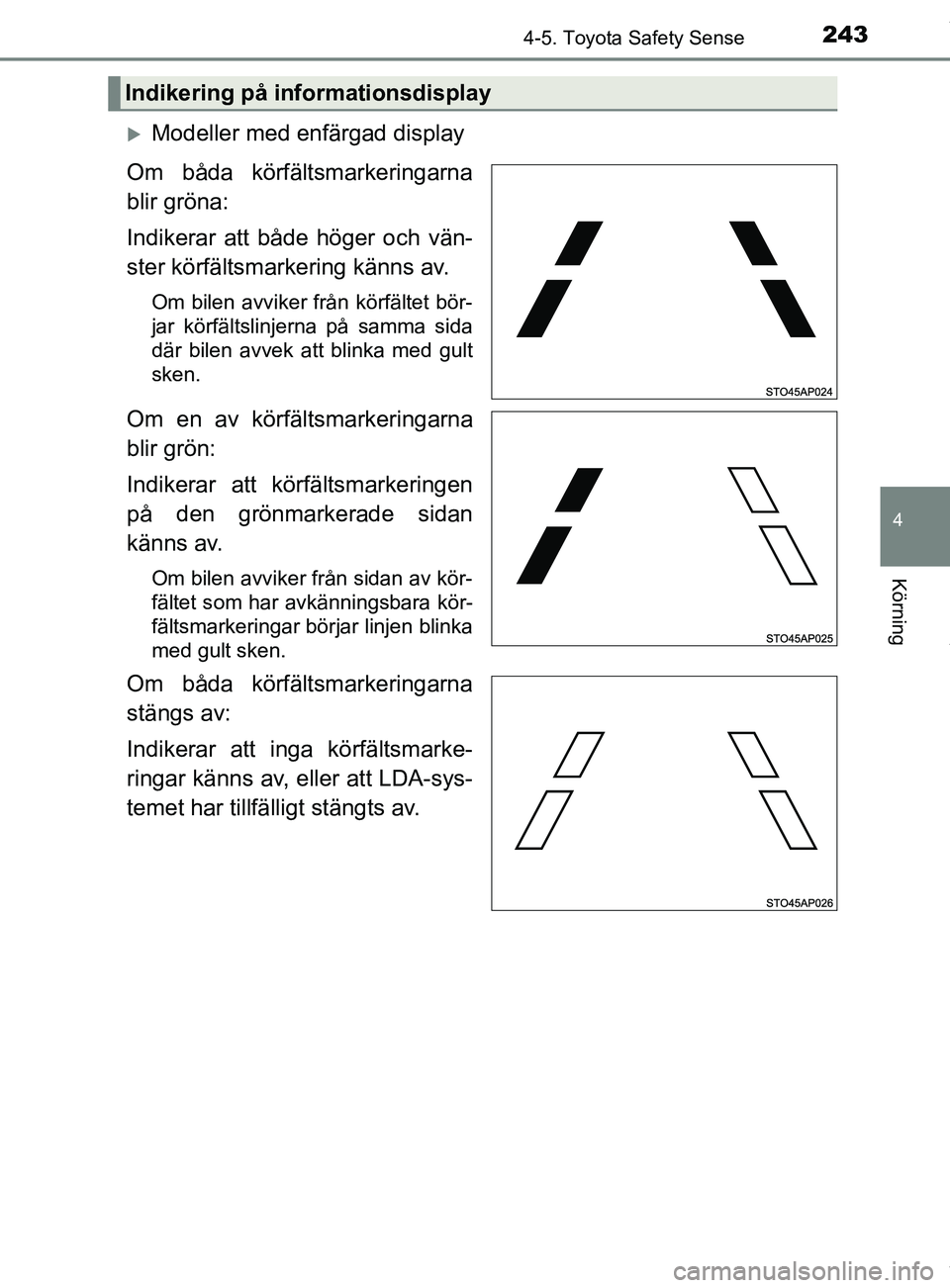 TOYOTA YARIS HATCHBACK 2018  Bruksanvisningar (in Swedish) 2434-5. Toyota Safety Sense
4
Körning
YARIS_HV_OM_Europe_OM52C96SE
Modeller med enfärgad display
Om båda körfältsmarkeringarna
blir gröna:
Indikerar att både höger och vän-
ster körfälts