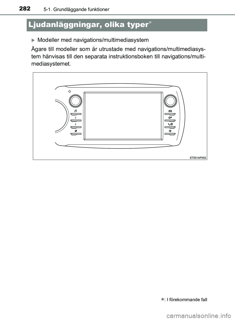 TOYOTA YARIS HATCHBACK 2018  Bruksanvisningar (in Swedish) 2825-1. Grundläggande funktioner
YARIS_HV_OM_Europe_OM52C96SE
Ljudanläggningar, olika typer
Modeller med navigations/multimediasystem
Ägare till modeller som är utrustade med navigations/mul
