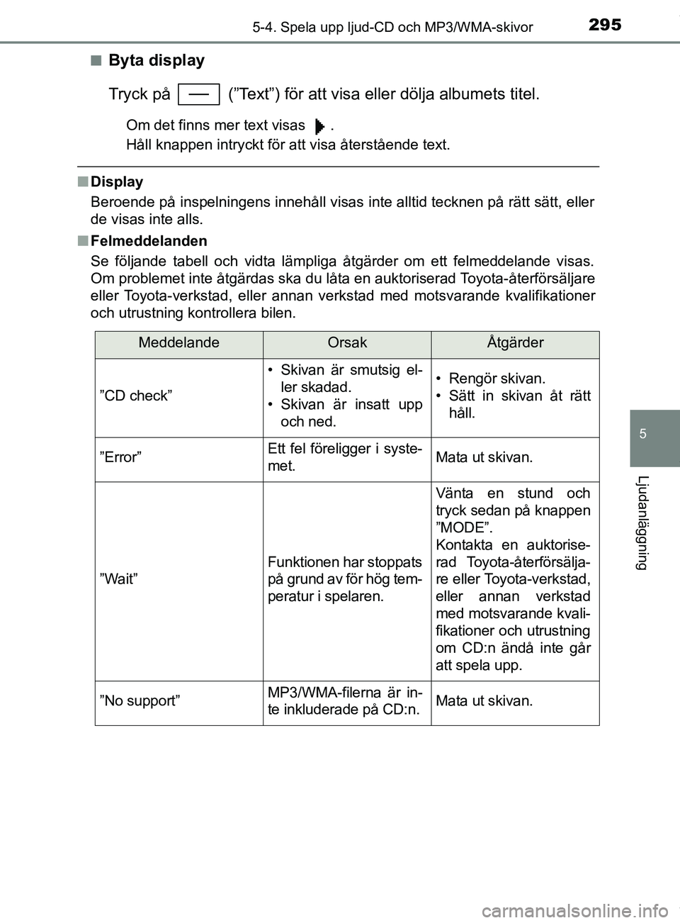 TOYOTA YARIS HATCHBACK 2018 Bruksanvisningar (in Swedish) 2955-4. Spela upp ljud-CD och MP3/WMA-skivor
5
Ljudanläggning
YARIS_HV_OM_Europe_OM52C96SEn
Byta display
Tryck på (”Text”) för att visa eller dölja albumets titel.
Om det finns mer text visa TOYOTA YARIS HATCHBACK 2018 Bruksanvisningar (in Swedish) 2955-4. Spela upp ljud-CD och MP3/WMA-skivor
5
Ljudanläggning
YARIS_HV_OM_Europe_OM52C96SEn
Byta display
Tryck på (”Text”) för att visa eller dölja albumets titel.
Om det finns mer text visa