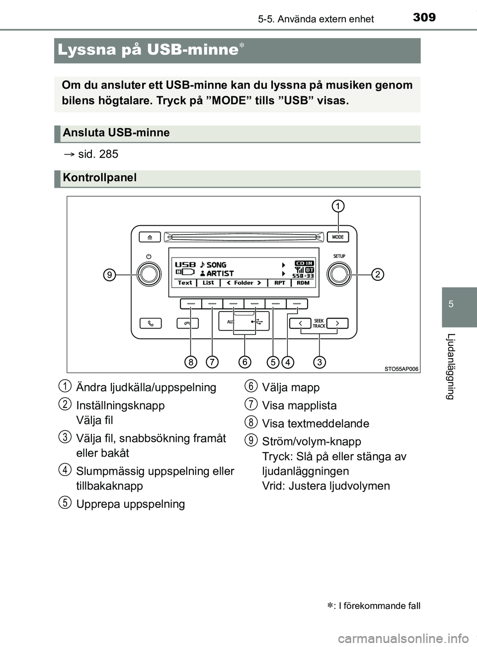 TOYOTA YARIS HATCHBACK 2018 Bruksanvisningar (in Swedish) 309
5
5-5. Använda extern enhet
Ljudanläggning
YARIS_HV_OM_Europe_OM52C96SE
Lyssna på USB-minne
sid. 285
: I förekommande fall
Om du ansluter ett USB-minne kan du lyssna på musiken geno TOYOTA YARIS HATCHBACK 2018 Bruksanvisningar (in Swedish) 309
5
5-5. Använda extern enhet
Ljudanläggning
YARIS_HV_OM_Europe_OM52C96SE
Lyssna på USB-minne
sid. 285
: I förekommande fall
Om du ansluter ett USB-minne kan du lyssna på musiken geno