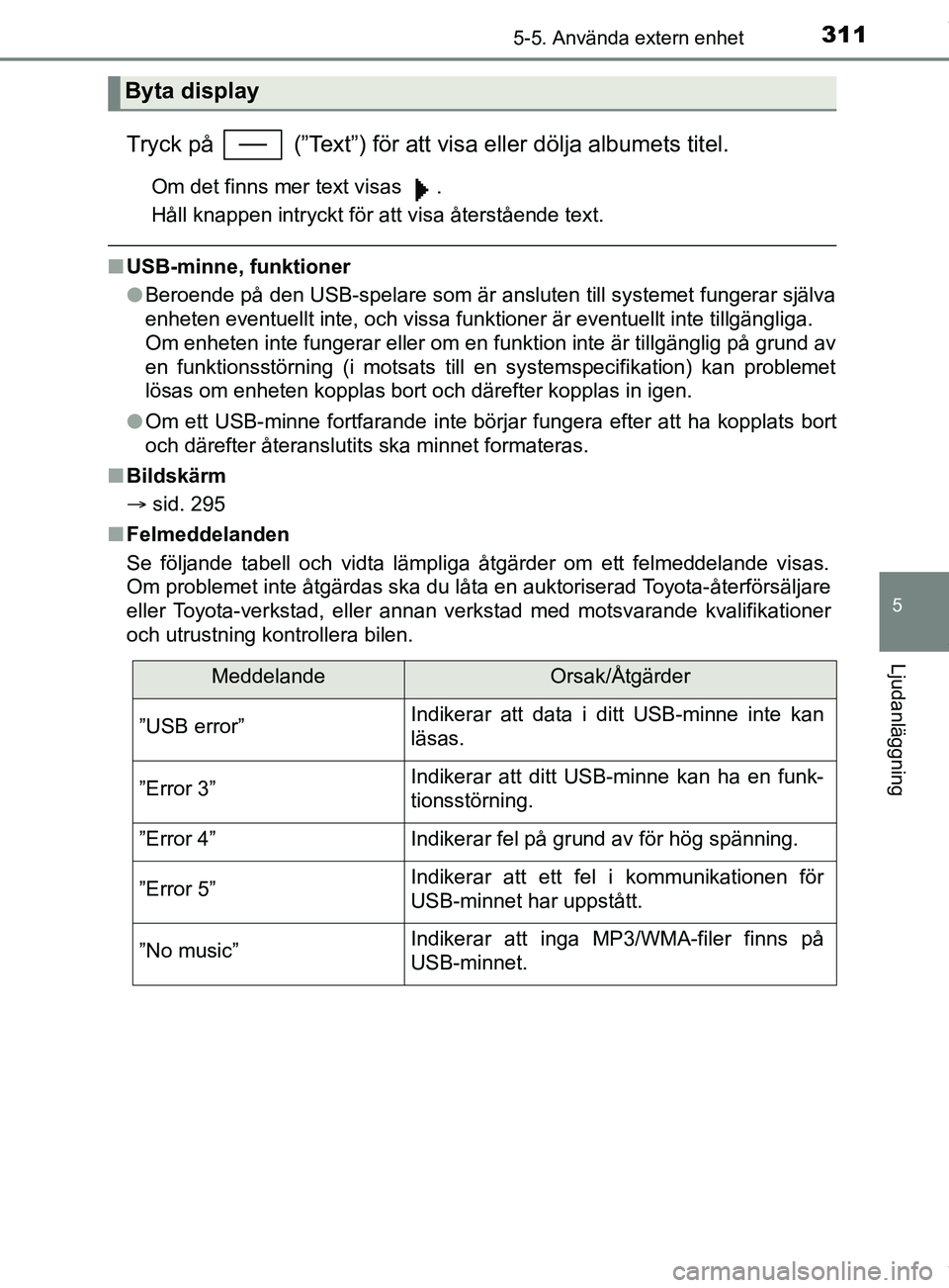 TOYOTA YARIS HATCHBACK 2018 Bruksanvisningar (in Swedish) 3115-5. Använda extern enhet
5
Ljudanläggning
YARIS_HV_OM_Europe_OM52C96SE
Tryck på (”Text”) för att visa eller dölja albumets titel.
Om det finns mer text visas .
Håll knappen intryckt f TOYOTA YARIS HATCHBACK 2018 Bruksanvisningar (in Swedish) 3115-5. Använda extern enhet
5
Ljudanläggning
YARIS_HV_OM_Europe_OM52C96SE
Tryck på (”Text”) för att visa eller dölja albumets titel.
Om det finns mer text visas .
Håll knappen intryckt f