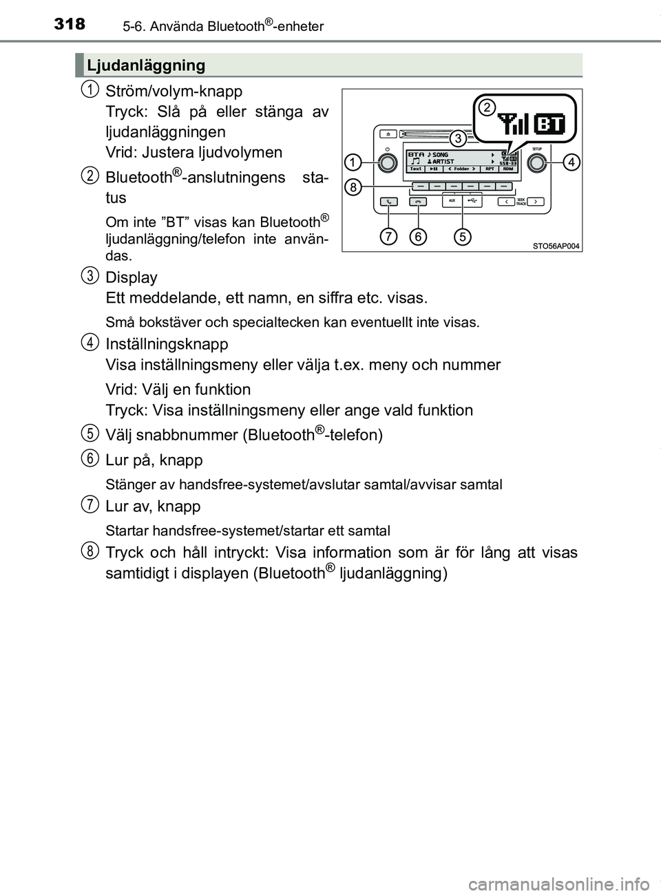 TOYOTA YARIS HATCHBACK 2018 Bruksanvisningar (in Swedish) 3185-6. Använda Bluetooth®-enheter
YARIS_HV_OM_Europe_OM52C96SE
Ström/volym-knapp
Tryck: Slå på eller stänga av
ljudanläggningen
Vrid: Justera ljudvolymen
Bluetooth
®-anslutningens sta-
tus
Om TOYOTA YARIS HATCHBACK 2018 Bruksanvisningar (in Swedish) 3185-6. Använda Bluetooth®-enheter
YARIS_HV_OM_Europe_OM52C96SE
Ström/volym-knapp
Tryck: Slå på eller stänga av
ljudanläggningen
Vrid: Justera ljudvolymen
Bluetooth
®-anslutningens sta-
tus
Om