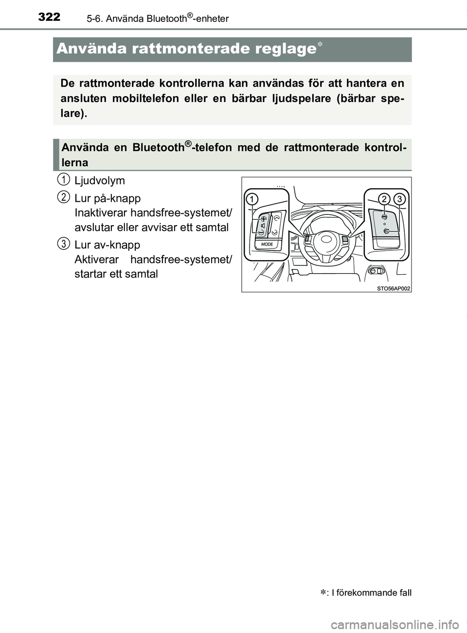 TOYOTA YARIS HATCHBACK 2018 Bruksanvisningar (in Swedish) 3225-6. Använda Bluetooth®-enheter
YARIS_HV_OM_Europe_OM52C96SE
Använda rattmonterade reglage
Ljudvolym
Lur på-knapp
Inaktiverar handsfree-systemet/
avslutar eller avvisar ett samtal
Lur av-kna TOYOTA YARIS HATCHBACK 2018 Bruksanvisningar (in Swedish) 3225-6. Använda Bluetooth®-enheter
YARIS_HV_OM_Europe_OM52C96SE
Använda rattmonterade reglage
Ljudvolym
Lur på-knapp
Inaktiverar handsfree-systemet/
avslutar eller avvisar ett samtal
Lur av-kna