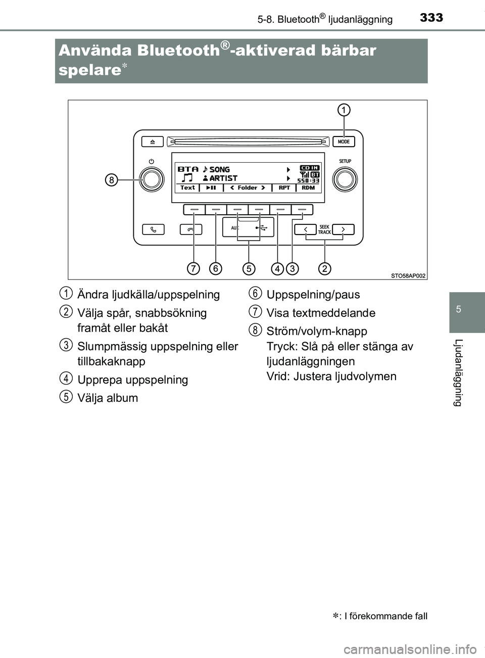 TOYOTA YARIS HATCHBACK 2018 Bruksanvisningar (in Swedish) 3335-8. Bluetooth® ljudanläggning
5
Ljudanläggning
YARIS_HV_OM_Europe_OM52C96SE
Använda Bluetooth®-aktiverad bärbar
spelare
: I förekommande fall
Ändra ljudkälla/uppspelning
Välja sp TOYOTA YARIS HATCHBACK 2018 Bruksanvisningar (in Swedish) 3335-8. Bluetooth® ljudanläggning
5
Ljudanläggning
YARIS_HV_OM_Europe_OM52C96SE
Använda Bluetooth®-aktiverad bärbar
spelare
: I förekommande fall
Ändra ljudkälla/uppspelning
Välja sp
