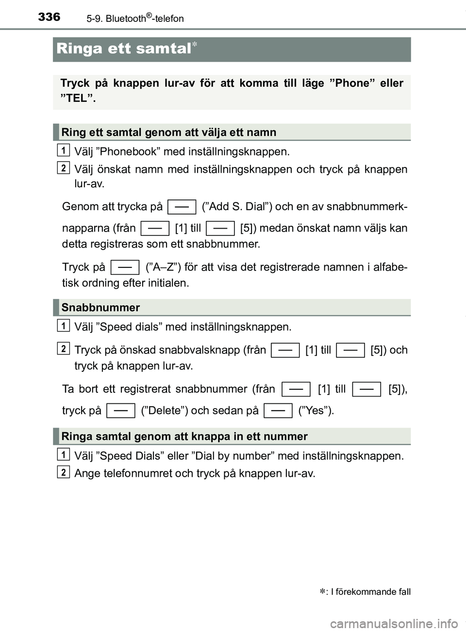 TOYOTA YARIS HATCHBACK 2018 Bruksanvisningar (in Swedish) 3365-9. Bluetooth®-telefon
YARIS_HV_OM_Europe_OM52C96SE
Ringa ett samtal
Välj ”Phonebook” med inställningsknappen.
Välj önskat namn med inställningsknappen och tryck på knappen
lur-av.
G TOYOTA YARIS HATCHBACK 2018 Bruksanvisningar (in Swedish) 3365-9. Bluetooth®-telefon
YARIS_HV_OM_Europe_OM52C96SE
Ringa ett samtal
Välj ”Phonebook” med inställningsknappen.
Välj önskat namn med inställningsknappen och tryck på knappen
lur-av.
G