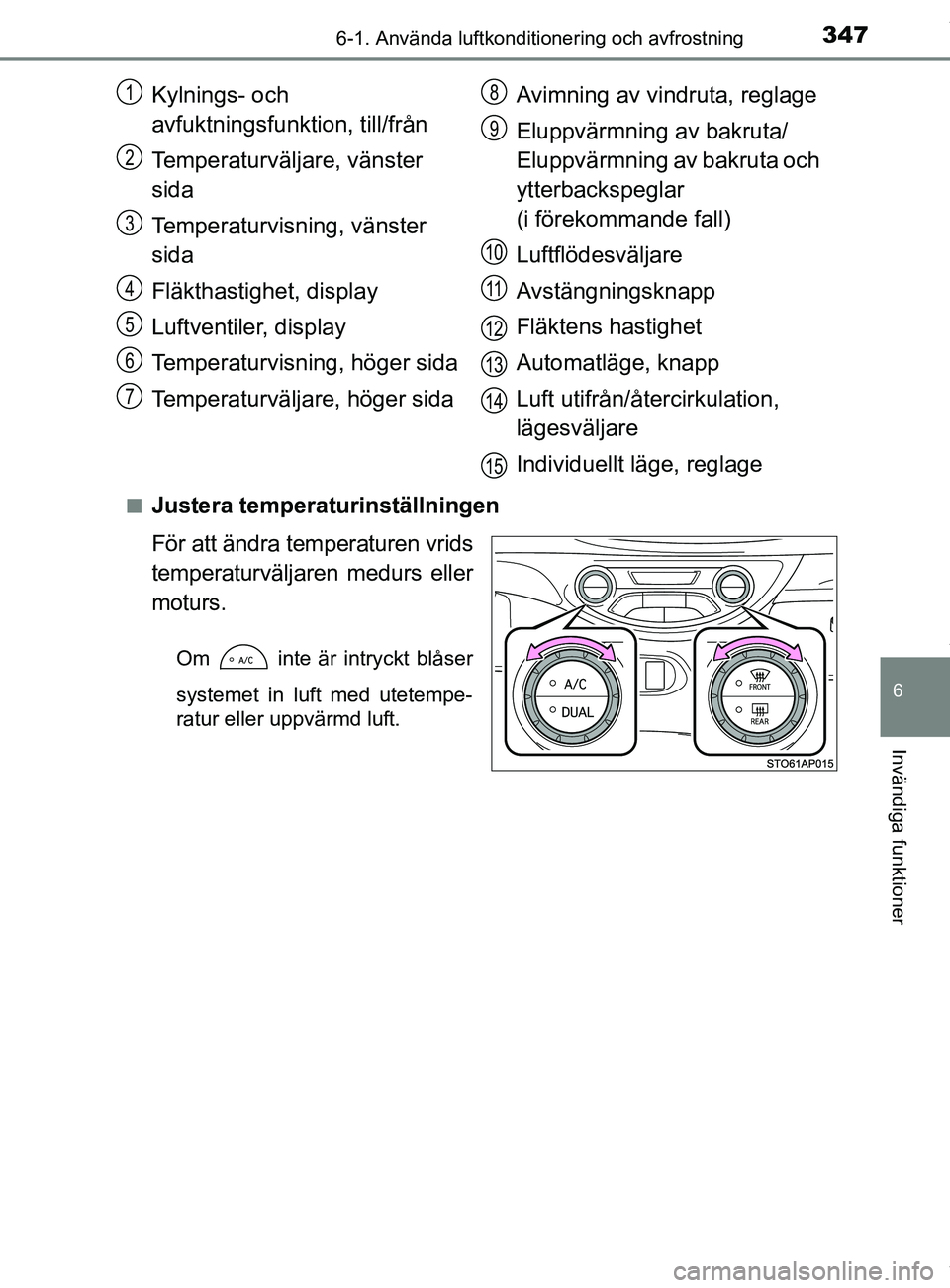TOYOTA YARIS HATCHBACK 2018 Bruksanvisningar (in Swedish) 3476-1. Använda luftkonditionering och avfrostning
6
Invändiga funktioner
YARIS_HV_OM_Europe_OM52C96SEn
Justera temperaturinställningen
För att ändra temperaturen vrids
temperaturväljaren medurs TOYOTA YARIS HATCHBACK 2018 Bruksanvisningar (in Swedish) 3476-1. Använda luftkonditionering och avfrostning
6
Invändiga funktioner
YARIS_HV_OM_Europe_OM52C96SEn
Justera temperaturinställningen
För att ändra temperaturen vrids
temperaturväljaren medurs