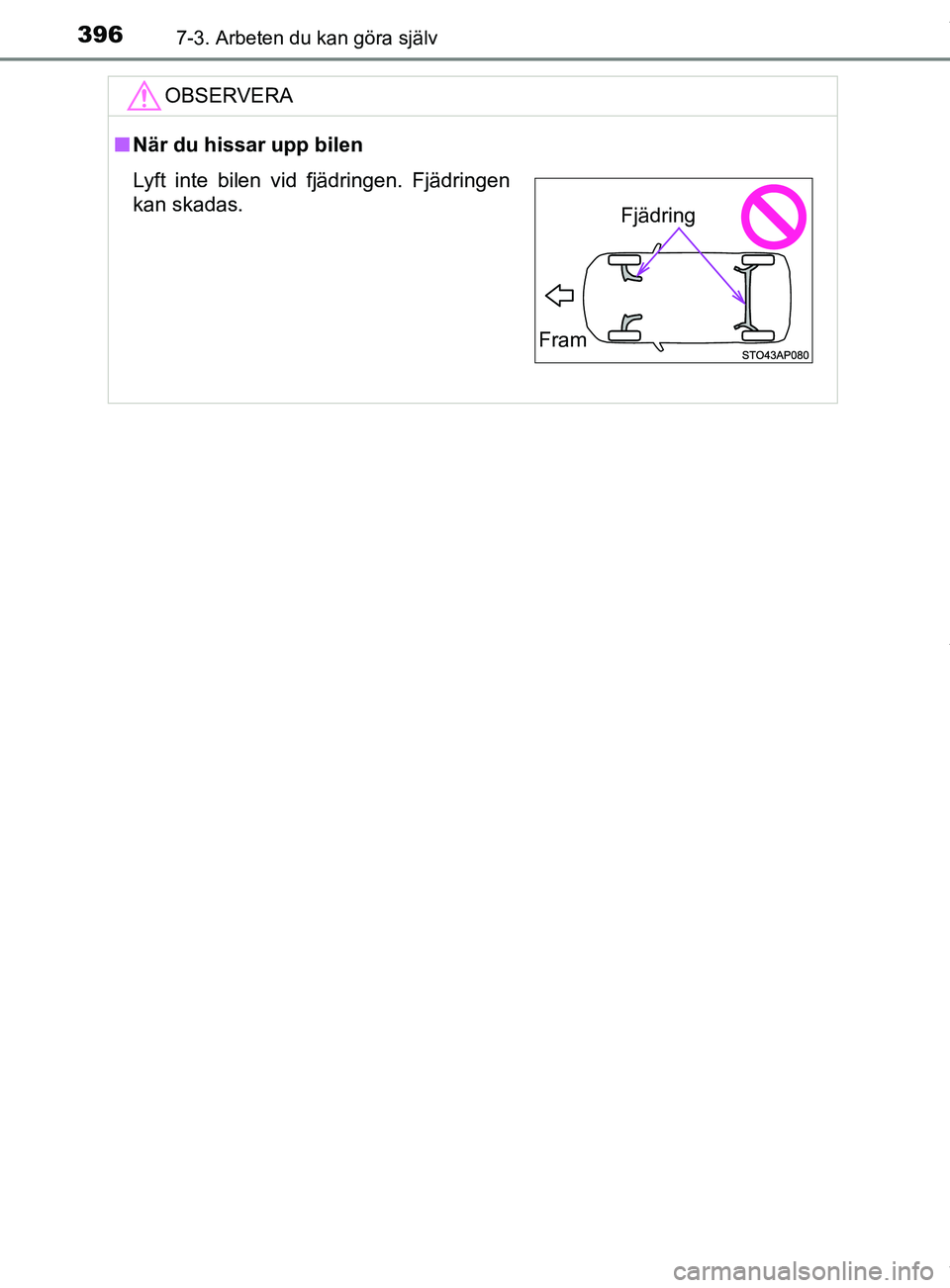 TOYOTA YARIS HATCHBACK 2018  Bruksanvisningar (in Swedish) 3967-3. Arbeten du kan göra själv
YARIS_HV_OM_Europe_OM52C96SEOBSERVERA
n
När du hissar upp bilen
Lyft inte bilen vid fjädringen. Fjädringen
kan skadas.
Fram
Fjädring
OM52C96SE.book  Page 396  T
