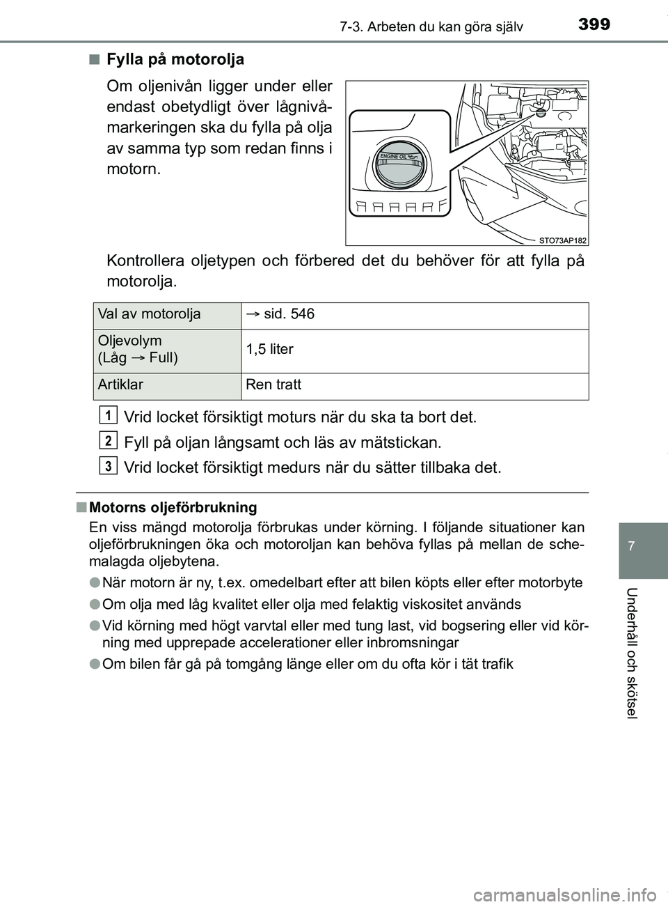 TOYOTA YARIS HATCHBACK 2018  Bruksanvisningar (in Swedish) 3997-3. Arbeten du kan göra själv
7
Underhåll och skötsel
YARIS_HV_OM_Europe_OM52C96SEn
Fylla på motorolja
Om oljenivån ligger under eller
endast obetydligt över lågnivå-
markeringen ska du f