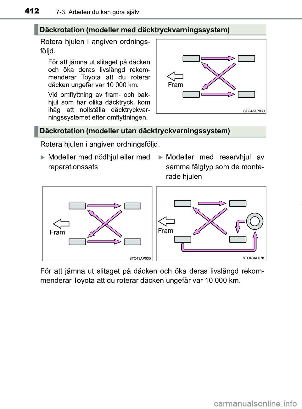TOYOTA YARIS HATCHBACK 2018  Bruksanvisningar (in Swedish) 4127-3. Arbeten du kan göra själv
YARIS_HV_OM_Europe_OM52C96SE
Rotera hjulen i angiven ordnings-
följd.
För att jämna ut slitaget på däcken
och öka deras livslängd rekom-
menderar Toyota att 