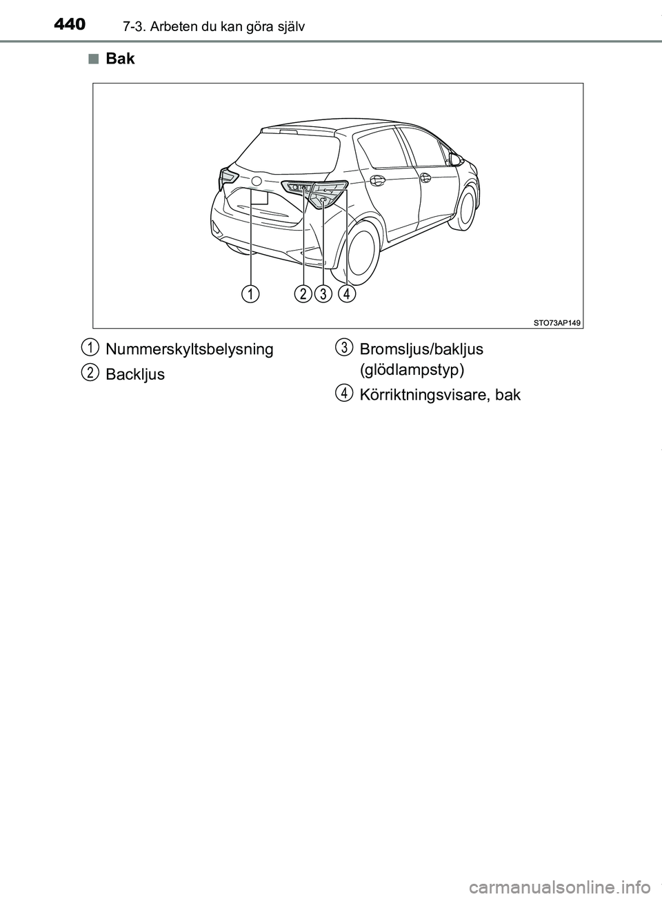 TOYOTA YARIS HATCHBACK 2018  Bruksanvisningar (in Swedish) 4407-3. Arbeten du kan göra själv
YARIS_HV_OM_Europe_OM52C96SEn
Bak
Nummerskyltsbelysning
Backljus
Bromsljus/bakljus 
(glödlampstyp)
Körriktningsvisare, bak1
2
3
4
OM52C96SE.book  Page 440  Tues
d