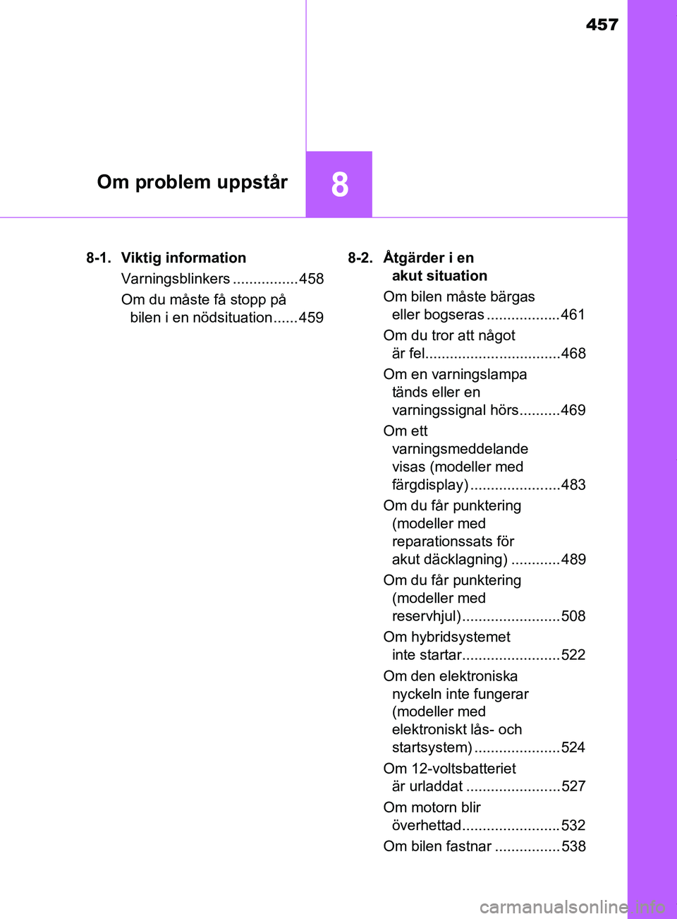 TOYOTA YARIS HATCHBACK 2018 Bruksanvisningar (in Swedish) 457
8Om problem uppstår
YARIS_HV_OM_Europe_OM52C96SE8-1. Viktig information
Varningsblinkers ................ 458
Om du måste få stopp på bilen i en nödsituation ...... 459 8-2. Åtgärder i en
TOYOTA YARIS HATCHBACK 2018 Bruksanvisningar (in Swedish) 457
8Om problem uppstår
YARIS_HV_OM_Europe_OM52C96SE8-1. Viktig information
Varningsblinkers ................ 458
Om du måste få stopp på bilen i en nödsituation ...... 459 8-2. Åtgärder i en