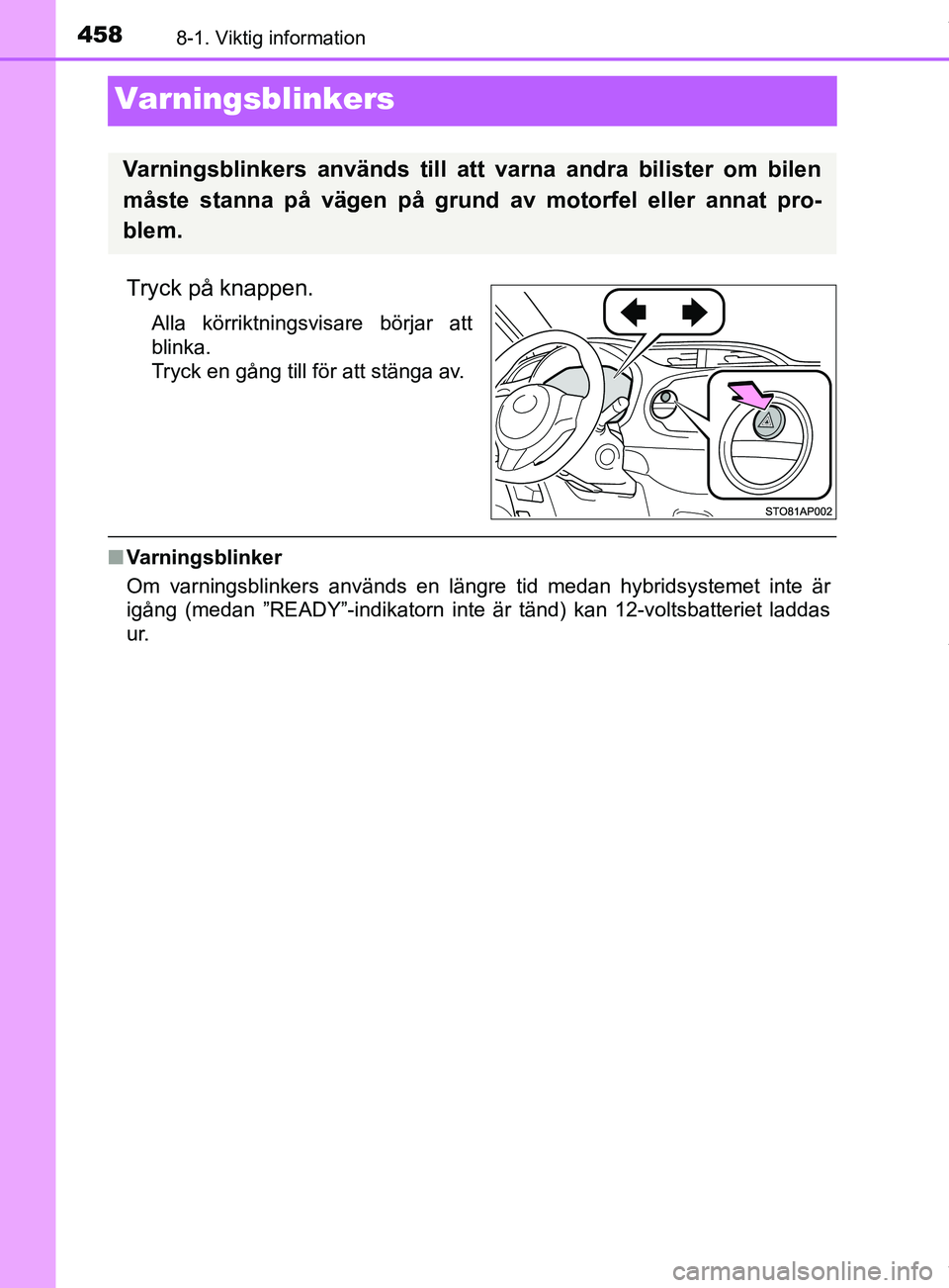 TOYOTA YARIS HATCHBACK 2018  Bruksanvisningar (in Swedish) 4588-1. Viktig information
YARIS_HV_OM_Europe_OM52C96SE
Varningsblinkers
Tryck på knappen.
Alla körriktningsvisare börjar att
blinka.
Tryck en gång till för att stänga av.
nVarningsblinker
Om va