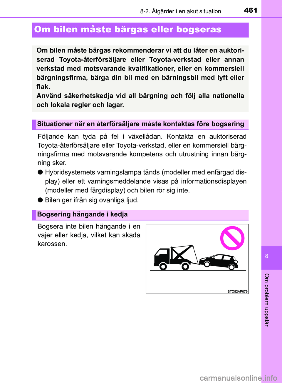 TOYOTA YARIS HATCHBACK 2018  Bruksanvisningar (in Swedish) 4618-2. Åtgärder i en akut situation
8
Om problem uppstår
YARIS_HV_OM_Europe_OM52C96SE
Om bilen måste bärgas eller bogseras
Följande kan tyda på fel i växellådan. Kontakta en auktoriserad
Toy