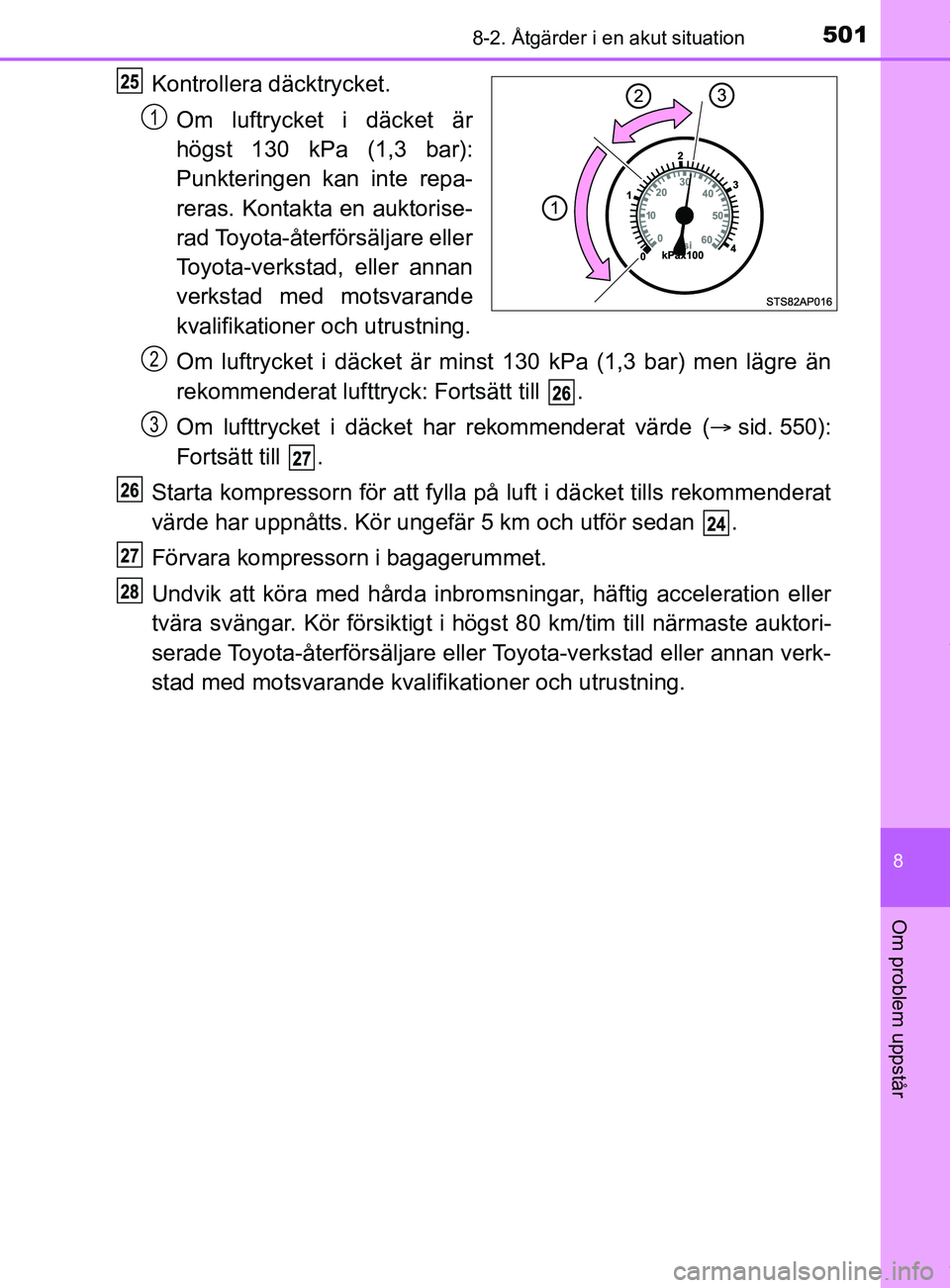 TOYOTA YARIS HATCHBACK 2018 Bruksanvisningar (in Swedish) 5018-2. Åtgärder i en akut situation
8
Om problem uppstår
YARIS_HV_OM_Europe_OM52C96SE
Kontrollera däcktrycket.
Om luftrycket i däcket är
högst 130 kPa (1,3 bar):
Punkteringen kan inte repa-
re TOYOTA YARIS HATCHBACK 2018 Bruksanvisningar (in Swedish) 5018-2. Åtgärder i en akut situation
8
Om problem uppstår
YARIS_HV_OM_Europe_OM52C96SE
Kontrollera däcktrycket.
Om luftrycket i däcket är
högst 130 kPa (1,3 bar):
Punkteringen kan inte repa-
re