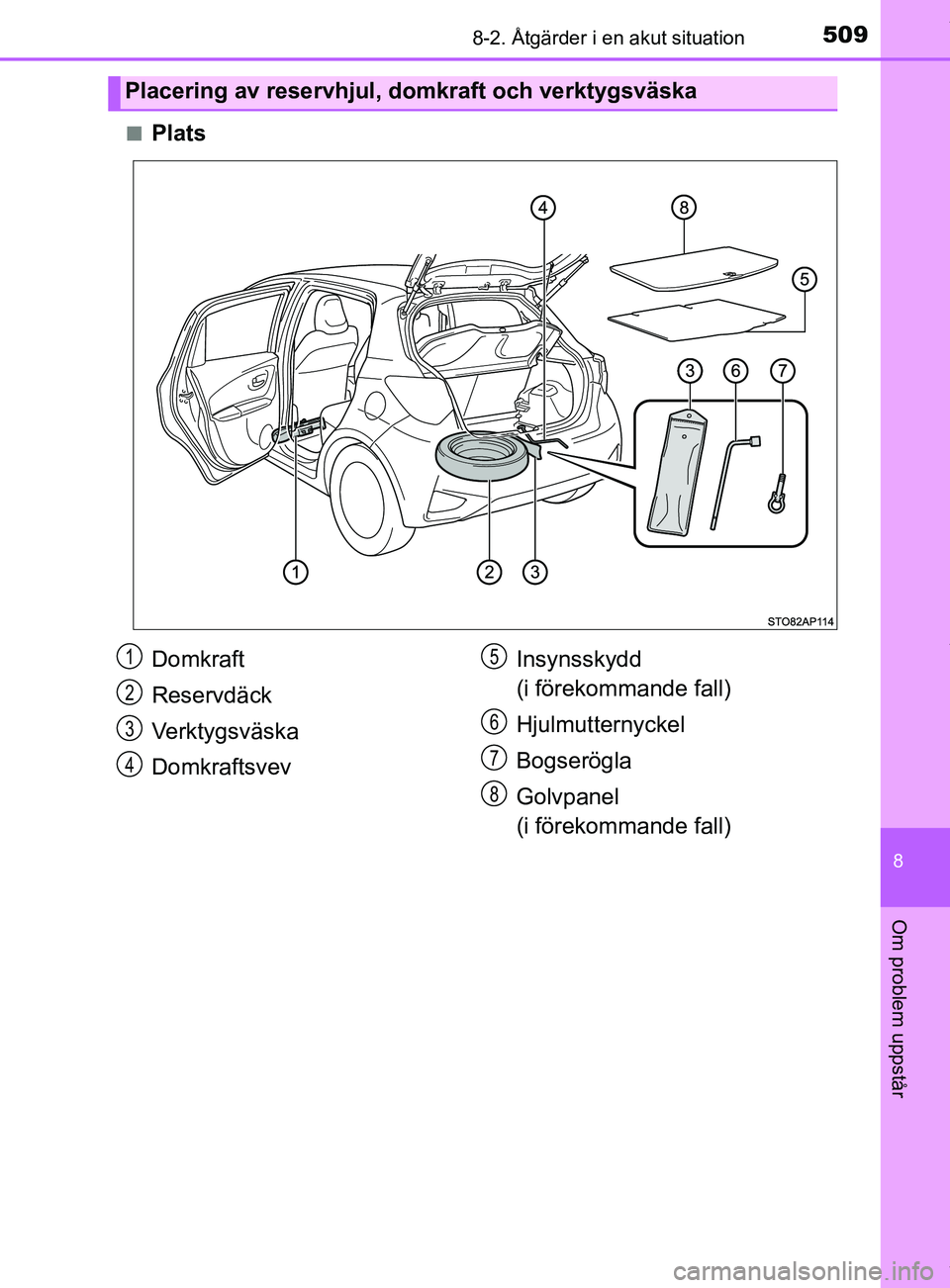 TOYOTA YARIS HATCHBACK 2018  Bruksanvisningar (in Swedish) 5098-2. Åtgärder i en akut situation
8
Om problem uppstår
YARIS_HV_OM_Europe_OM52C96SEn
Plats
Placering av reservhjul, domkraft och verktygsväska
Domkraft
Reservdäck
Verktygsväska
Domkraftsvev
I