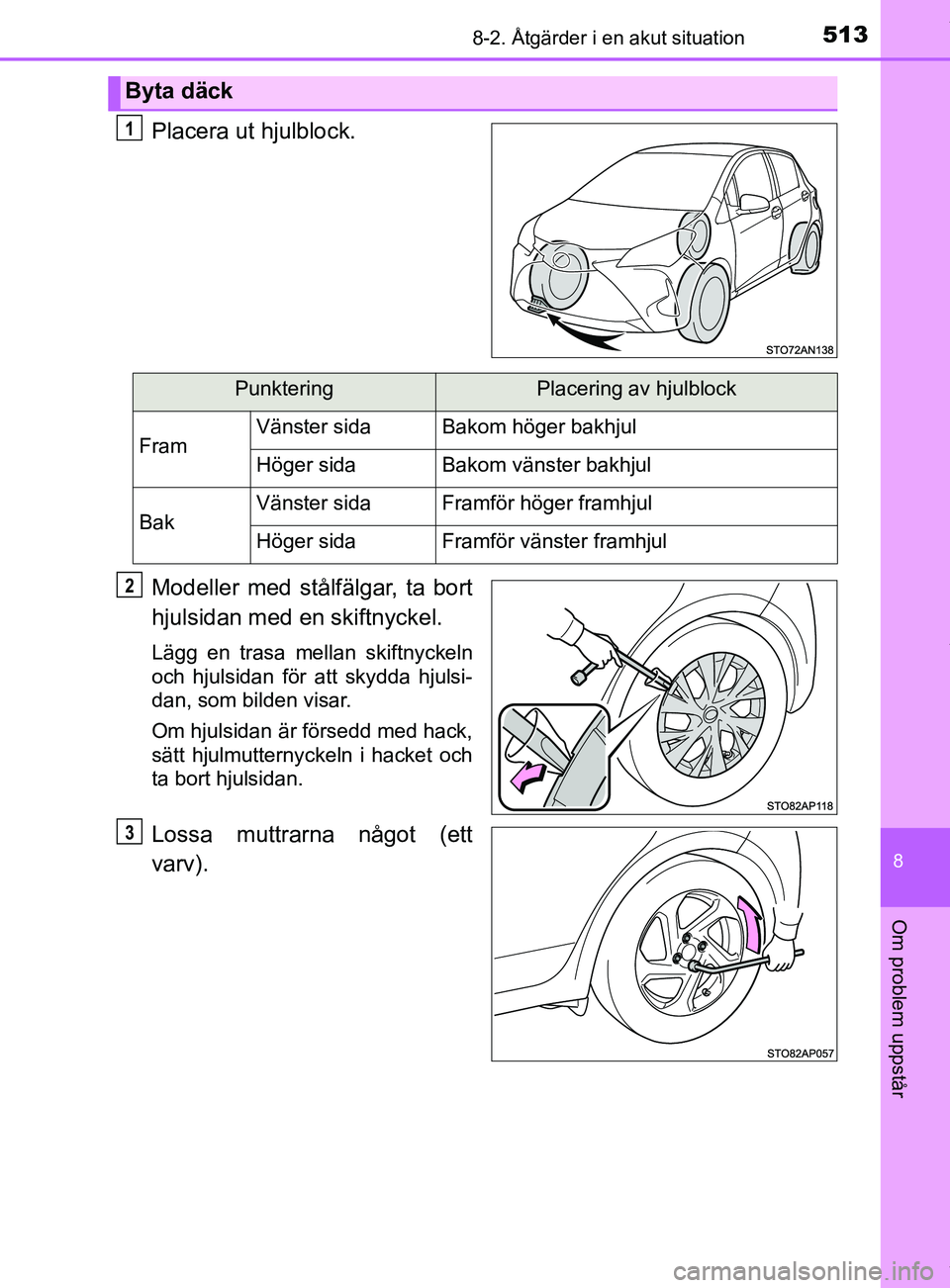 TOYOTA YARIS HATCHBACK 2018  Bruksanvisningar (in Swedish) 5138-2. Åtgärder i en akut situation
8
Om problem uppstår
YARIS_HV_OM_Europe_OM52C96SE
Placera ut hjulblock.
Modeller med stålfälgar, ta bort
hjulsidan med en skiftnyckel.
Lägg en trasa mellan s