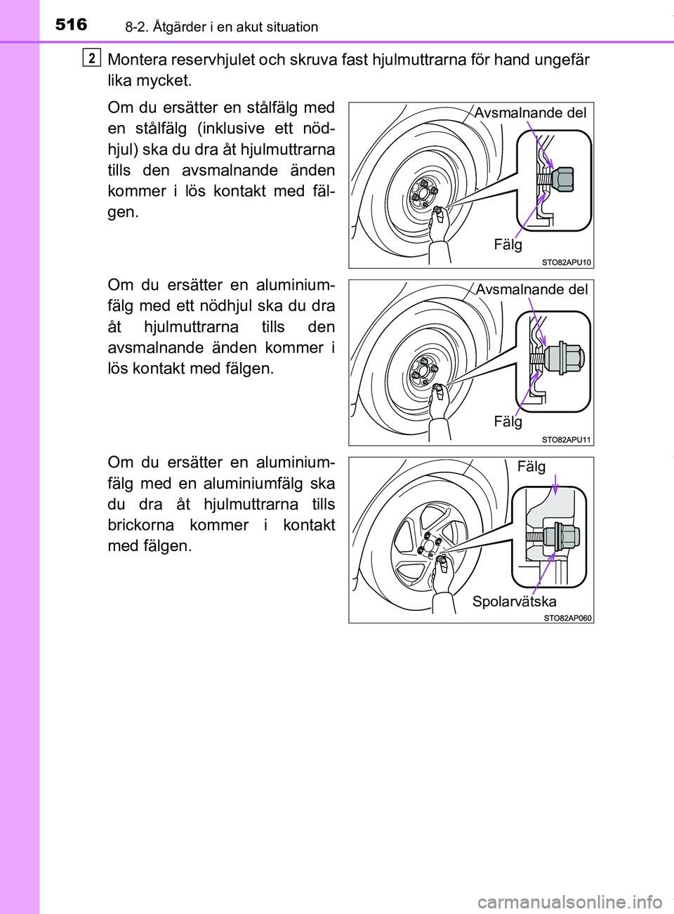 TOYOTA YARIS HATCHBACK 2018  Bruksanvisningar (in Swedish) 5168-2. Åtgärder i en akut situation
YARIS_HV_OM_Europe_OM52C96SE
Montera reservhjulet och skruva fast hjulmuttrarna för hand ungefär
lika mycket.
Om du ersätter en stålfälg med
en stålfälg (