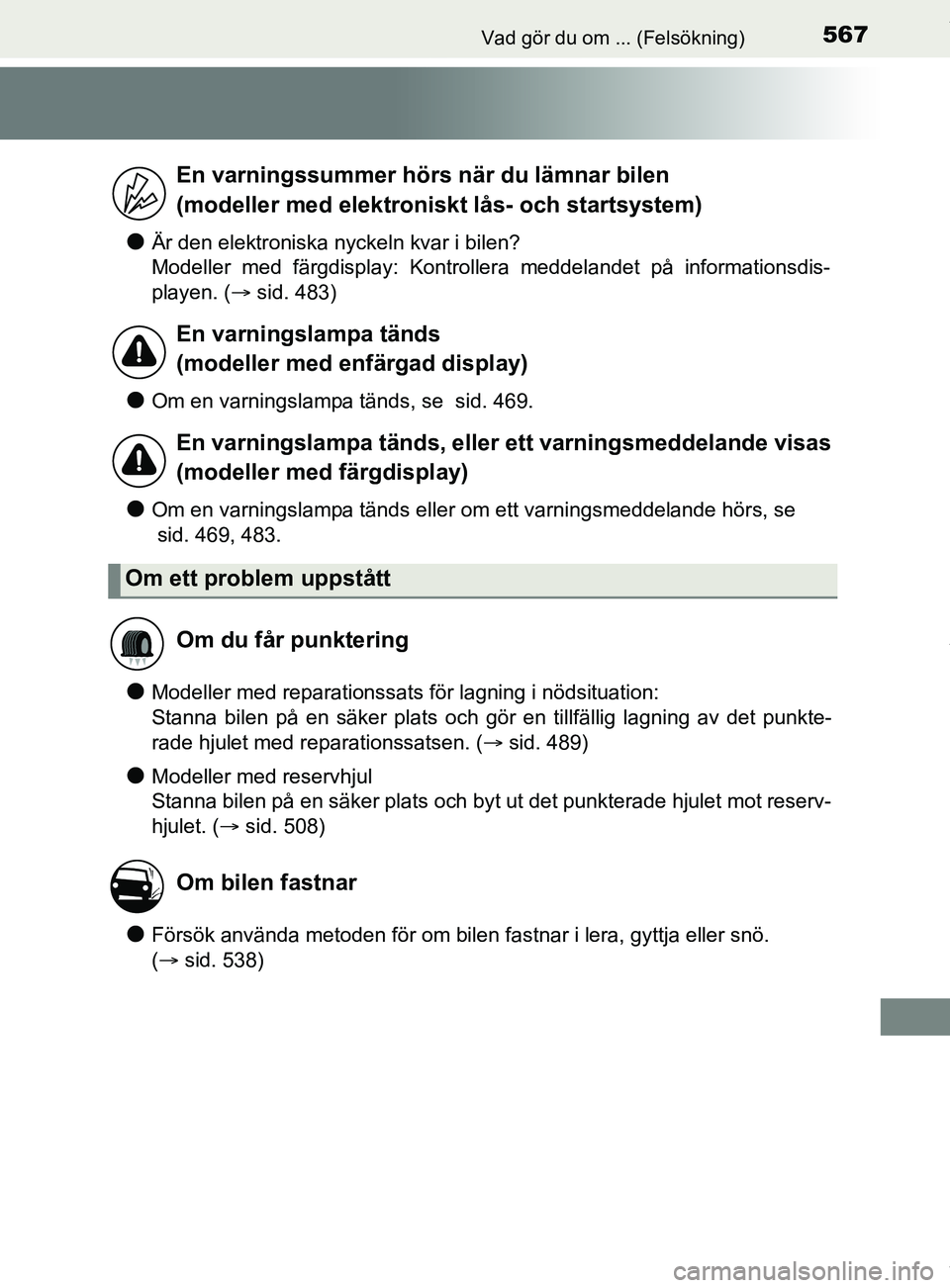 TOYOTA YARIS HATCHBACK 2018 Bruksanvisningar (in Swedish) 567Vad gör du om ... (Felsökning)
YARIS_HV_OM_Europe_OM52C96SE
lÄr den elektroniska nyckeln kvar i bilen?
Modeller med färgdisplay: Kontrollera meddelandet på informationsdis-
playen. (sid. 48 TOYOTA YARIS HATCHBACK 2018 Bruksanvisningar (in Swedish) 567Vad gör du om ... (Felsökning)
YARIS_HV_OM_Europe_OM52C96SE
lÄr den elektroniska nyckeln kvar i bilen?
Modeller med färgdisplay: Kontrollera meddelandet på informationsdis-
playen. (sid. 48