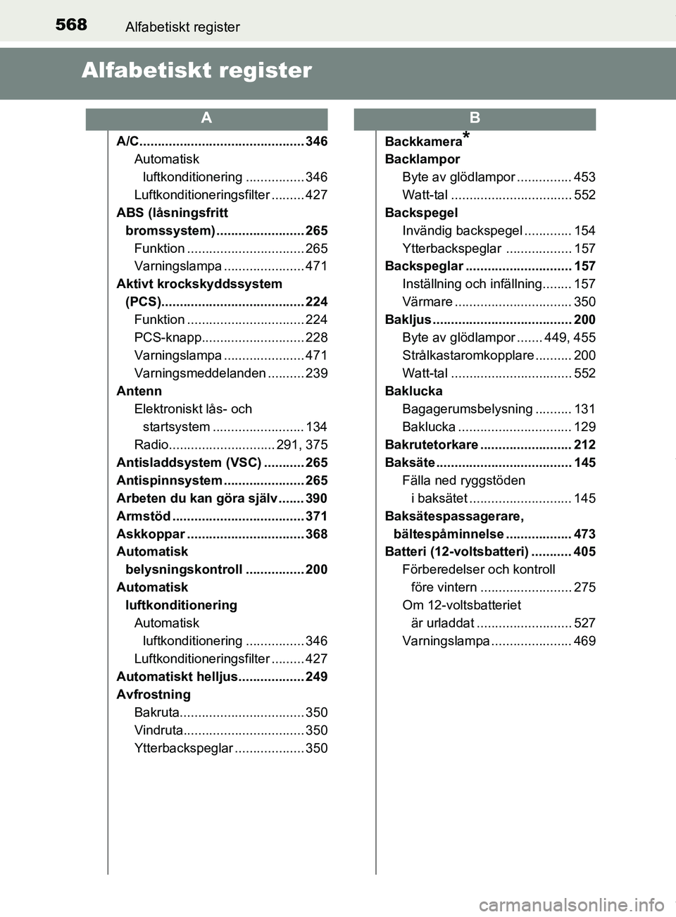 TOYOTA YARIS HATCHBACK 2018 Bruksanvisningar (in Swedish) 568Alfabetiskt register
YARIS_HV_OM_Europe_OM52C96SE
Alfabetiskt register
A/C............................................. 346Automatisk
luftkonditionering ................ 346
Luftkonditioneringsfil TOYOTA YARIS HATCHBACK 2018 Bruksanvisningar (in Swedish) 568Alfabetiskt register
YARIS_HV_OM_Europe_OM52C96SE
Alfabetiskt register
A/C............................................. 346Automatisk
luftkonditionering ................ 346
Luftkonditioneringsfil
