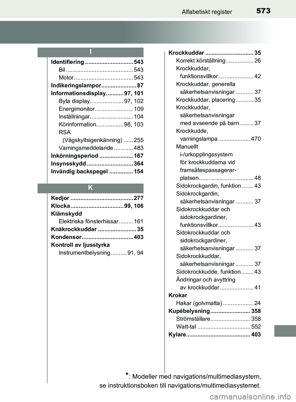 TOYOTA YARIS HATCHBACK 2018 Bruksanvisningar (in Swedish) 573Alfabetiskt register
YARIS_HV_OM_Europe_OM52C96SE
Identifiering .............................. 543Bil .......................................... 543
Motor ..................................... 543
TOYOTA YARIS HATCHBACK 2018 Bruksanvisningar (in Swedish) 573Alfabetiskt register
YARIS_HV_OM_Europe_OM52C96SE
Identifiering .............................. 543Bil .......................................... 543
Motor ..................................... 543