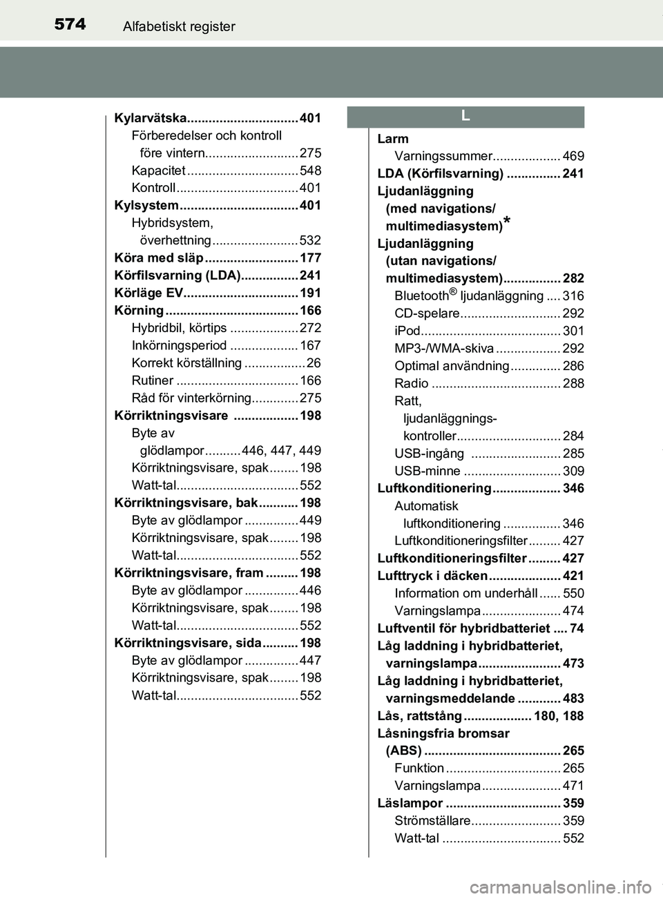 TOYOTA YARIS HATCHBACK 2018  Bruksanvisningar (in Swedish) 574Alfabetiskt register
YARIS_HV_OM_Europe_OM52C96SE
Kylarvätska............................... 401Förberedelser och kontroll 
före vintern.......................... 275
Kapacitet .................