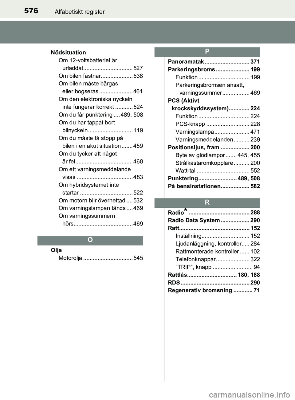TOYOTA YARIS HATCHBACK 2018 Bruksanvisningar (in Swedish) 576Alfabetiskt register
YARIS_HV_OM_Europe_OM52C96SE
NödsituationOm 12-voltsbatteriet är
urladdat............................... 527
Om bilen fastnar.................... 538
Om bilen måste bärgas TOYOTA YARIS HATCHBACK 2018 Bruksanvisningar (in Swedish) 576Alfabetiskt register
YARIS_HV_OM_Europe_OM52C96SE
NödsituationOm 12-voltsbatteriet är
urladdat............................... 527
Om bilen fastnar.................... 538
Om bilen måste bärgas