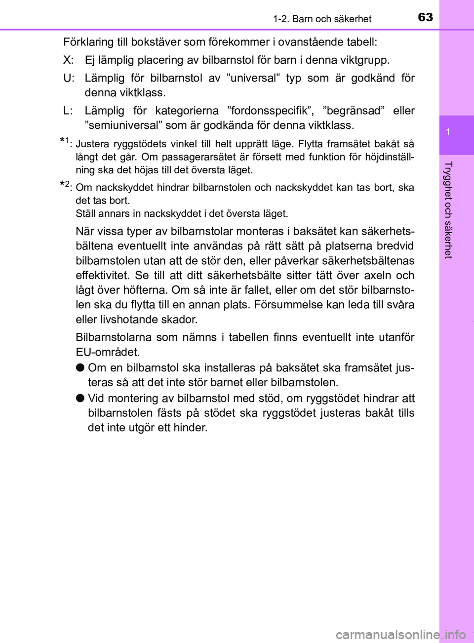 TOYOTA YARIS HATCHBACK 2018  Bruksanvisningar (in Swedish) 631-2. Barn och säkerhet
1
Trygghet och säkerhet
YARIS_HV_OM_Europe_OM52C96SE
Förklaring till bokstäver som förekommer i ovanstående tabell:
X: Ej lämplig placering av bilbarnstol för barn i d