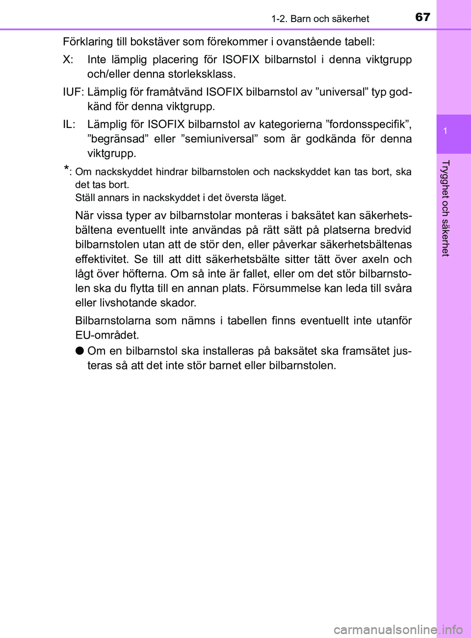 TOYOTA YARIS HATCHBACK 2018  Bruksanvisningar (in Swedish) 671-2. Barn och säkerhet
1
Trygghet och säkerhet
YARIS_HV_OM_Europe_OM52C96SE
Förklaring till bokstäver som förekommer i ovanstående tabell:
X: Inte lämplig placering för ISOFIX bilbarnstol i 