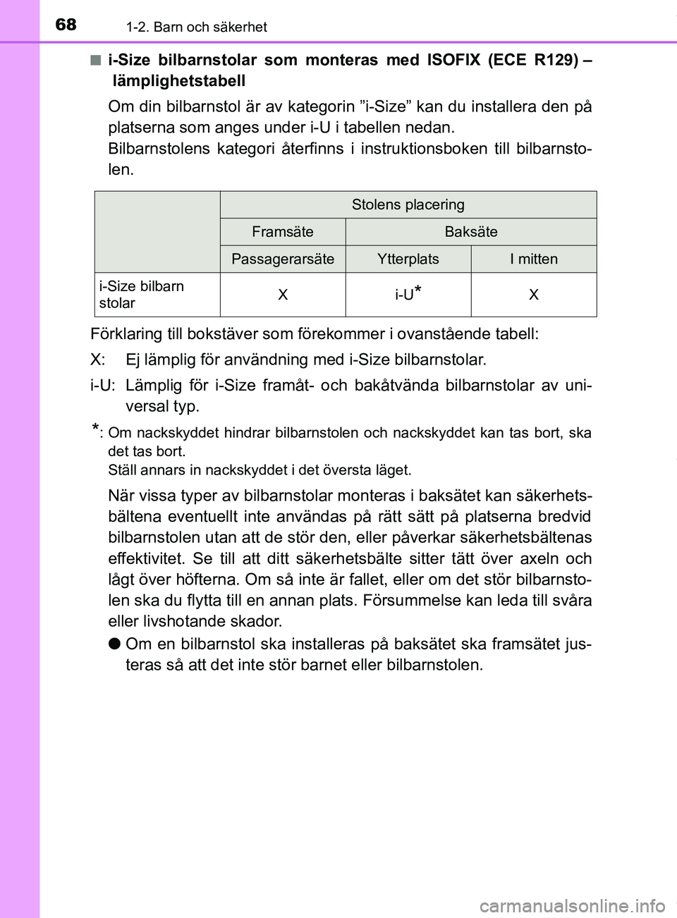 TOYOTA YARIS HATCHBACK 2018  Bruksanvisningar (in Swedish) 681-2. Barn och säkerhet
YARIS_HV_OM_Europe_OM52C96SEn
i-Size bilbarnstolar som monteras med ISOFIX (ECE R129) –
lämplighetstabell
Om din bilbarnstol är av kategorin ”i-Size” kan du installer