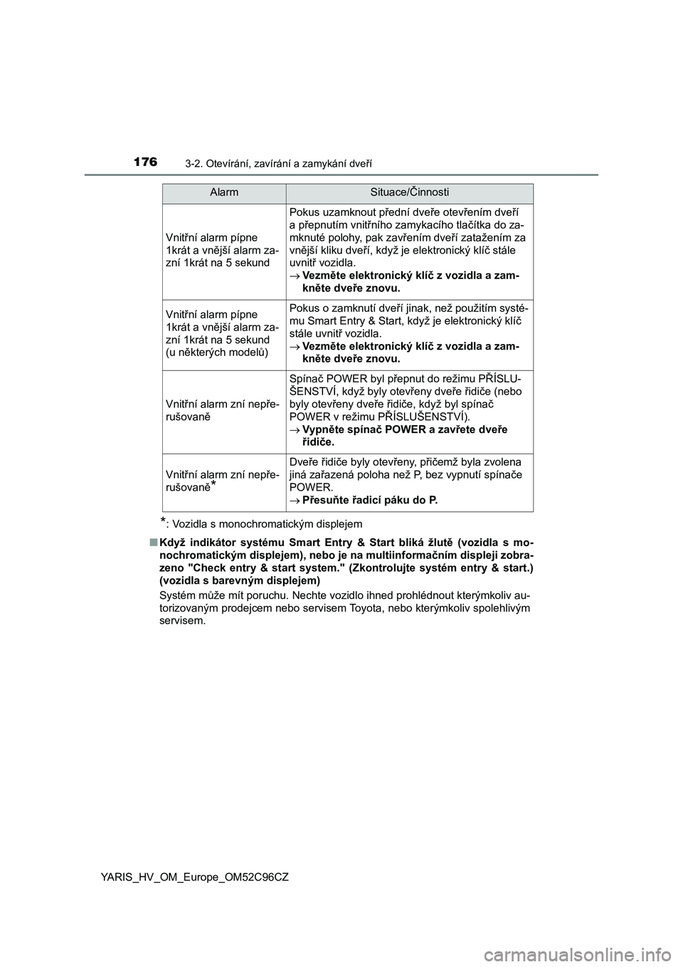 TOYOTA YARIS HATCHBACK 2018  Návod na použití (in Czech) 1763-2. Otevírání, zavírání a zamykání dveří
YARIS_HV_OM_Europe_OM52C96CZ
*: Vozidla s monochromatickým displejem
■Když  indikátor  systému  Smart  Entry  &  Start  bliká  žlutě  (v