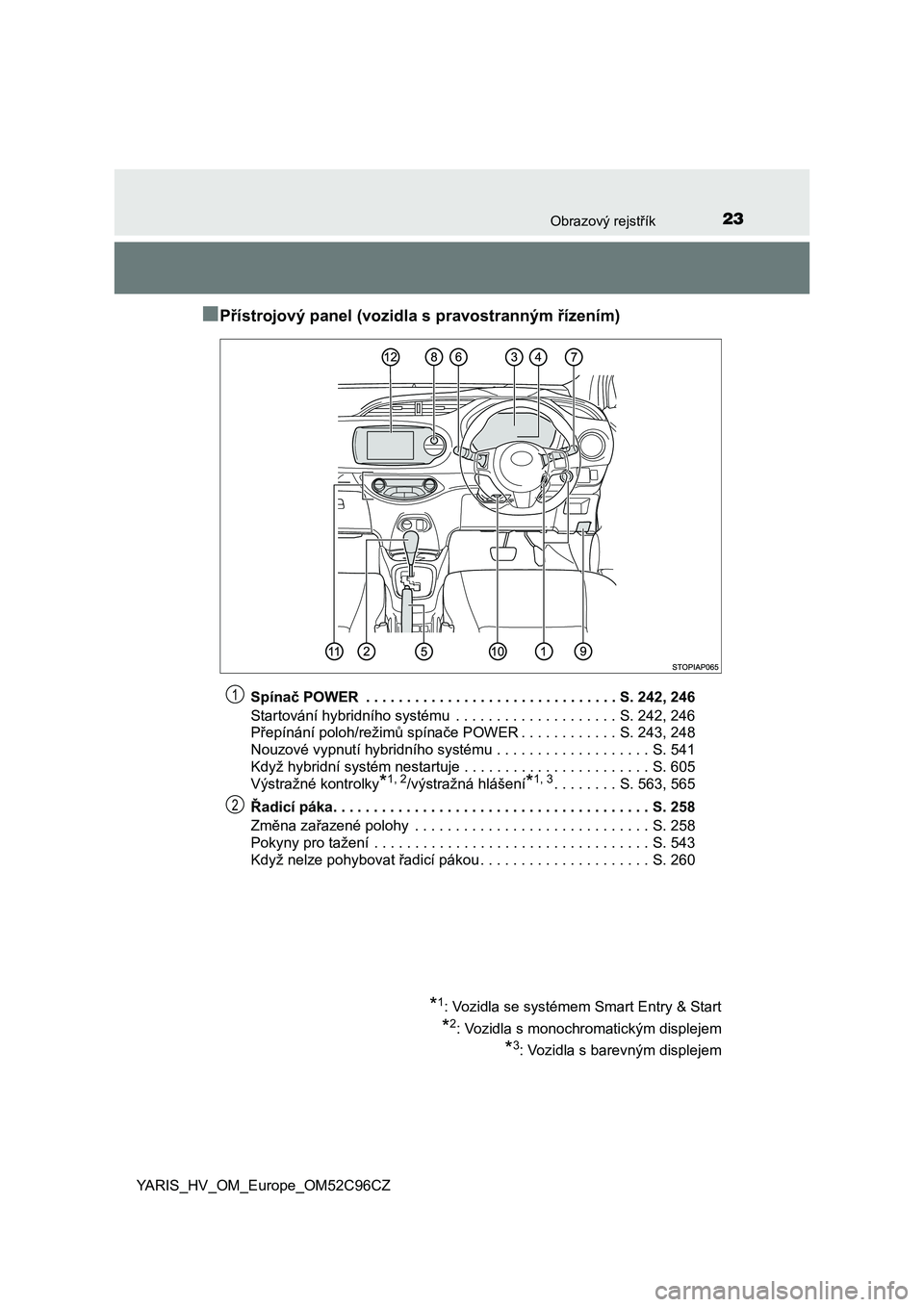 TOYOTA YARIS HATCHBACK 2018  Návod na použití (in Czech) 23Obrazový rejstřík
YARIS_HV_OM_Europe_OM52C96CZ
■Přístrojový panel (vozidla s pravostranným řízením)
Spínač POWER  . . . . . . . . . . . . . . . . . . . . . . . . . . . . . . . S. 242, 
