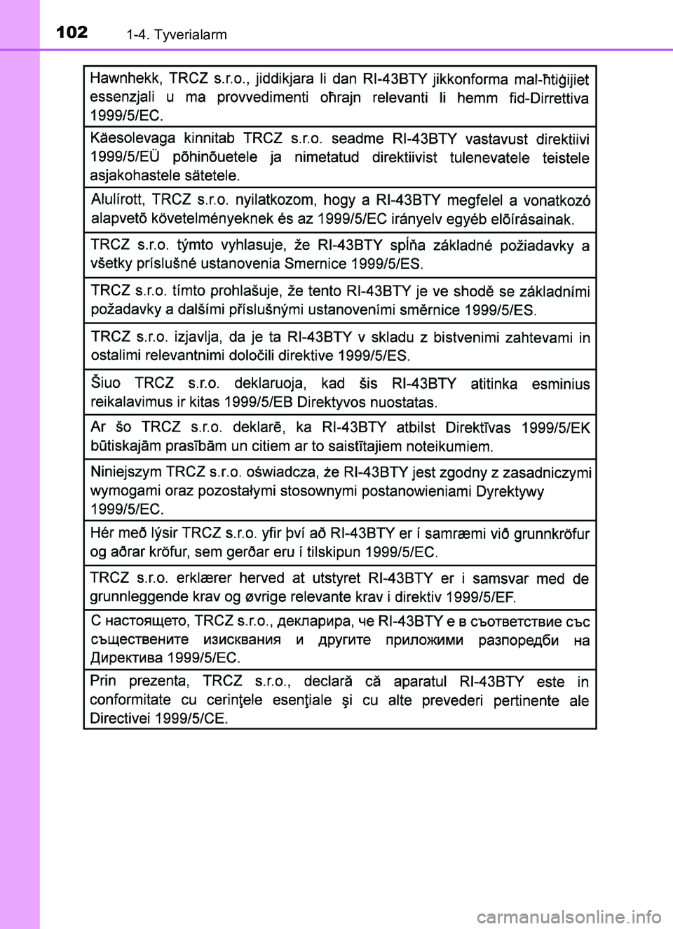 TOYOTA YARIS HATCHBACK 2017  Brugsanvisning (in Danish) 1021-4. Tyverialarm
YARIS_HV_OM_Europe_OM52J66DK
OM52J66DK.book  Page 102  Thursday, October 19, 2017  2:42 PM 
