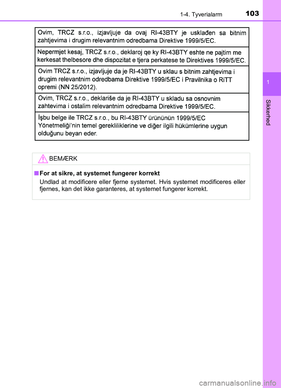 TOYOTA YARIS HATCHBACK 2017  Brugsanvisning (in Danish) 1031-4. Tyverialarm
1
Sikkerhed
YARIS_HV_OM_Europe_OM52J66DKBEMÆRK
n
For at sikre, at systemet fungerer korrekt
Undlad at modificere eller fjerne systemet. Hvis systemet modificeres eller
fjernes, ka