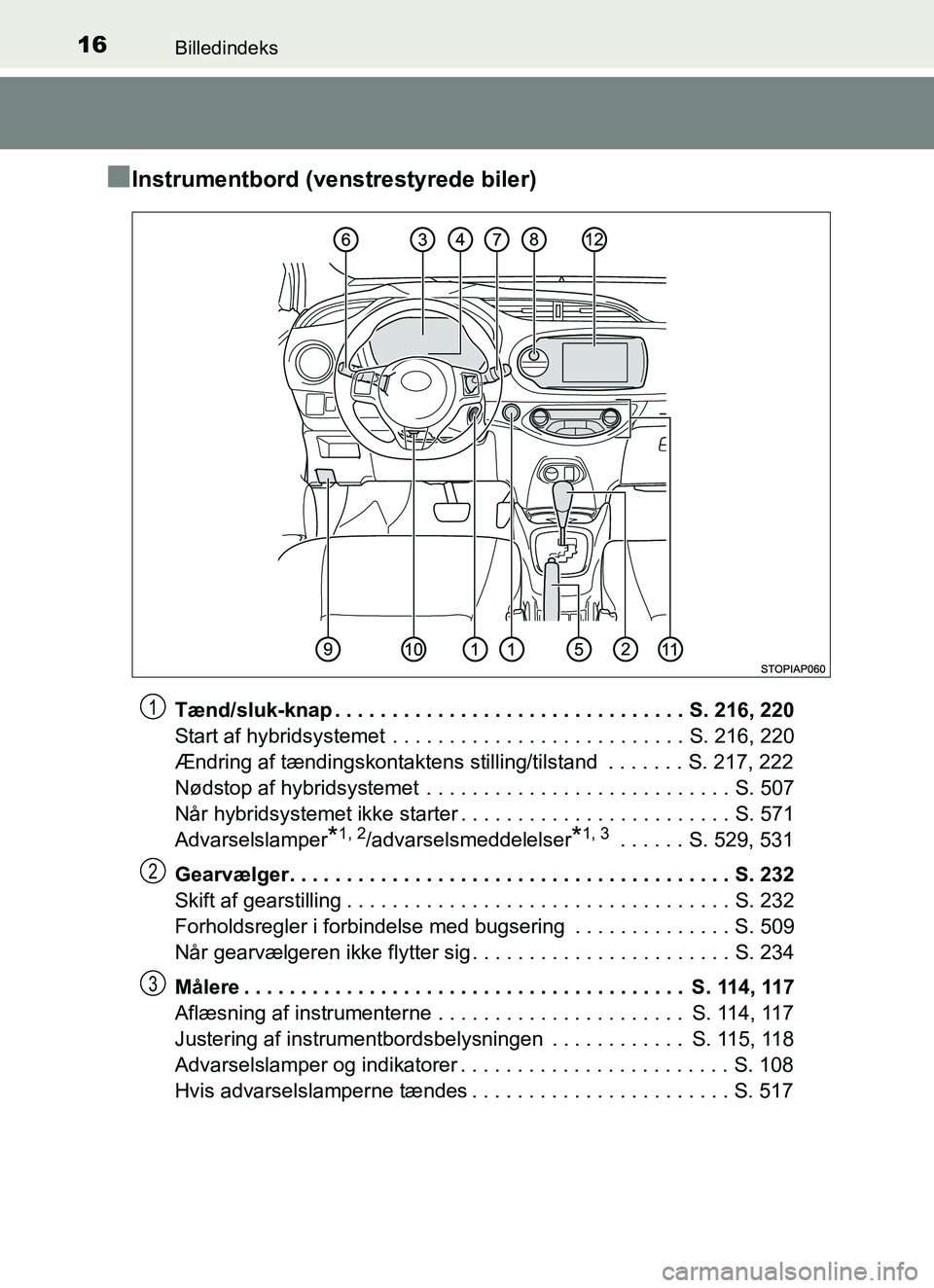 TOYOTA YARIS HATCHBACK 2017  Brugsanvisning (in Danish) 16Billedindeks
YARIS_HV_OM_Europe_OM52J66DK
nInstrumentbord (venstrestyrede biler)
Tænd/sluk-knap . . . . . . . . . . . . . . . . . . . . . . . . . . . . . . . S. 216, 220
Start af hybridsystemet  . 