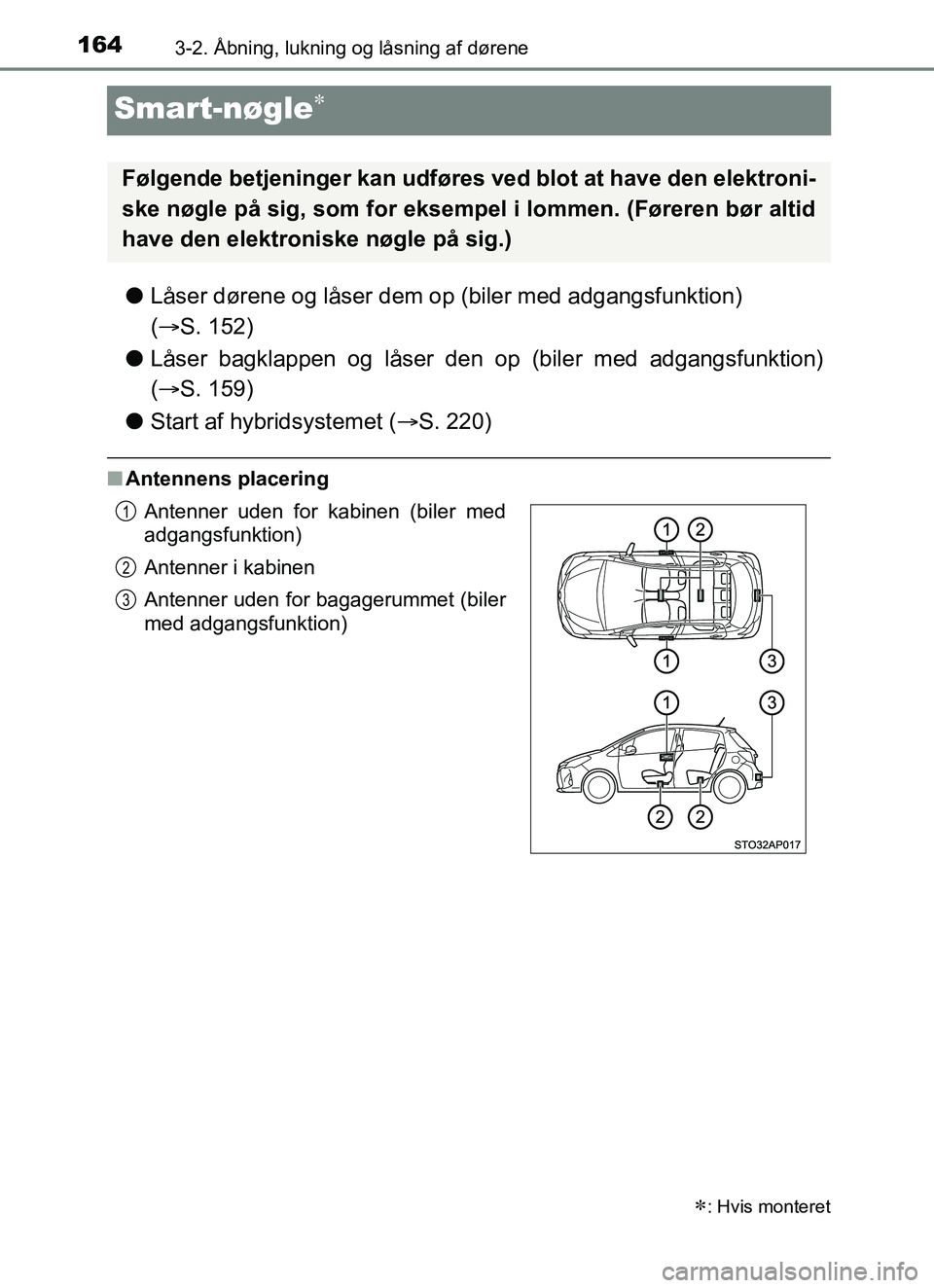 TOYOTA YARIS HATCHBACK 2017 Brugsanvisning (in Danish) 1643-2. Åbning, lukning og låsning af dørene
YARIS_HV_OM_Europe_OM52J66DK
Smart-nøgle
lLåser dørene og låser dem op (biler med adgangsfunktion)
( S. 152)
l Låser bagklappen og låser de TOYOTA YARIS HATCHBACK 2017 Brugsanvisning (in Danish) 1643-2. Åbning, lukning og låsning af dørene
YARIS_HV_OM_Europe_OM52J66DK
Smart-nøgle
lLåser dørene og låser dem op (biler med adgangsfunktion)
( S. 152)
l Låser bagklappen og låser de