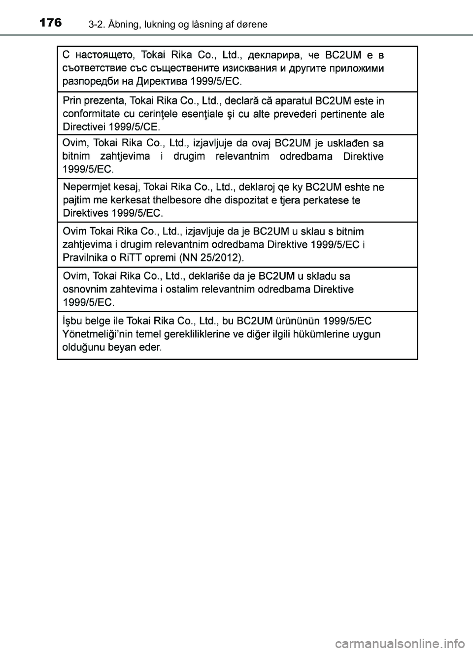TOYOTA YARIS HATCHBACK 2017  Brugsanvisning (in Danish) 1763-2. Åbning, lukning og låsning af dørene
YARIS_HV_OM_Europe_OM52J66DK
OM52J66DK.book  Page 176  Thursday, October 19, 2017  2:42 PM 