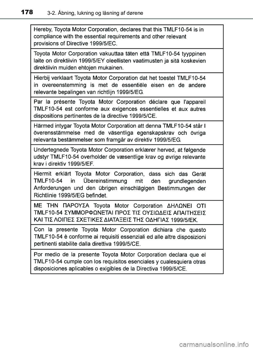 TOYOTA YARIS HATCHBACK 2017  Brugsanvisning (in Danish) 1783-2. Åbning, lukning og låsning af dørene
YARIS_HV_OM_Europe_OM52J66DK
OM52J66DK.book  Page 178  Thursday, October 19, 2017  2:42 PM 