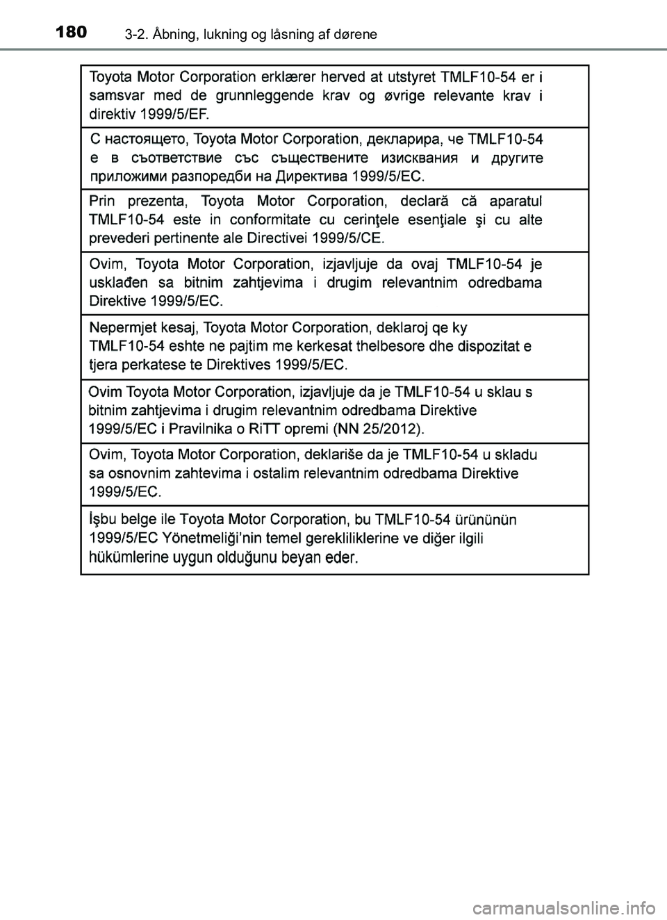 TOYOTA YARIS HATCHBACK 2017  Brugsanvisning (in Danish) 1803-2. Åbning, lukning og låsning af dørene
YARIS_HV_OM_Europe_OM52J66DK
OM52J66DK.book  Page 180  Thursday, October 19, 2017  2:42 PM 