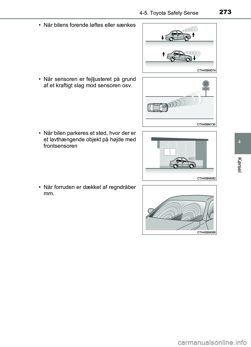 TOYOTA YARIS HATCHBACK 2017 Brugsanvisning (in Danish) 2734-5. Toyota Safety Sense
4
Kørsel
YARIS_HV_OM_Europe_OM52J66DK• Når bilens forende løftes eller sænkes
• Når sensoren er fejljusteret på grund
af et kraftigt slag mod sensoren osv.
• N TOYOTA YARIS HATCHBACK 2017 Brugsanvisning (in Danish) 2734-5. Toyota Safety Sense
4
Kørsel
YARIS_HV_OM_Europe_OM52J66DK• Når bilens forende løftes eller sænkes
• Når sensoren er fejljusteret på grund
af et kraftigt slag mod sensoren osv.
• N