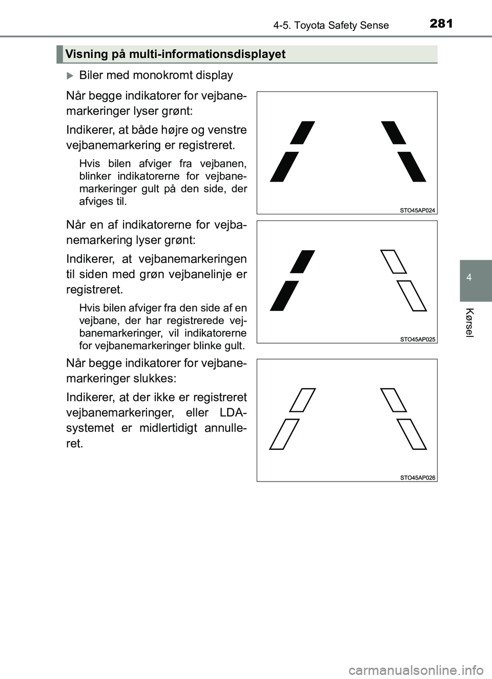 TOYOTA YARIS HATCHBACK 2017 Brugsanvisning (in Danish) 2814-5. Toyota Safety Sense
4
Kørsel
YARIS_HV_OM_Europe_OM52J66DK
Biler med monokromt display
Når begge indikatorer for vejbane-
markeringer lyser grønt:
Indikerer, at både højre og venstre
ve TOYOTA YARIS HATCHBACK 2017 Brugsanvisning (in Danish) 2814-5. Toyota Safety Sense
4
Kørsel
YARIS_HV_OM_Europe_OM52J66DK
Biler med monokromt display
Når begge indikatorer for vejbane-
markeringer lyser grønt:
Indikerer, at både højre og venstre
ve