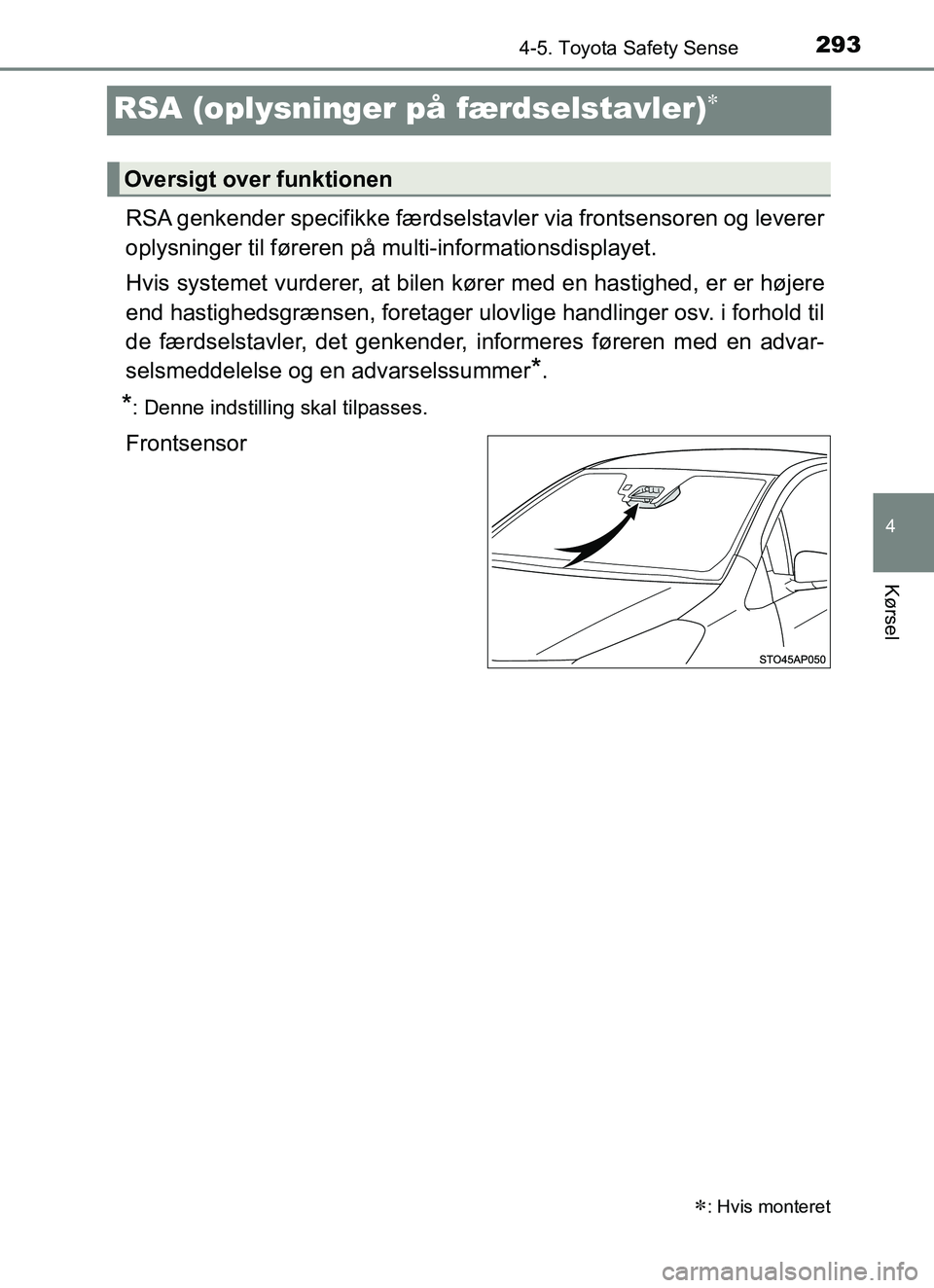 TOYOTA YARIS HATCHBACK 2017  Brugsanvisning (in Danish) 293
4
4-5. Toyota Safety Sense
Kørsel
YARIS_HV_OM_Europe_OM52J66DK
RSA (oplysninger på færdselstavler)
RSA genkender specifikke færdselsta vler via frontsensoren og leverer
oplysninger til før