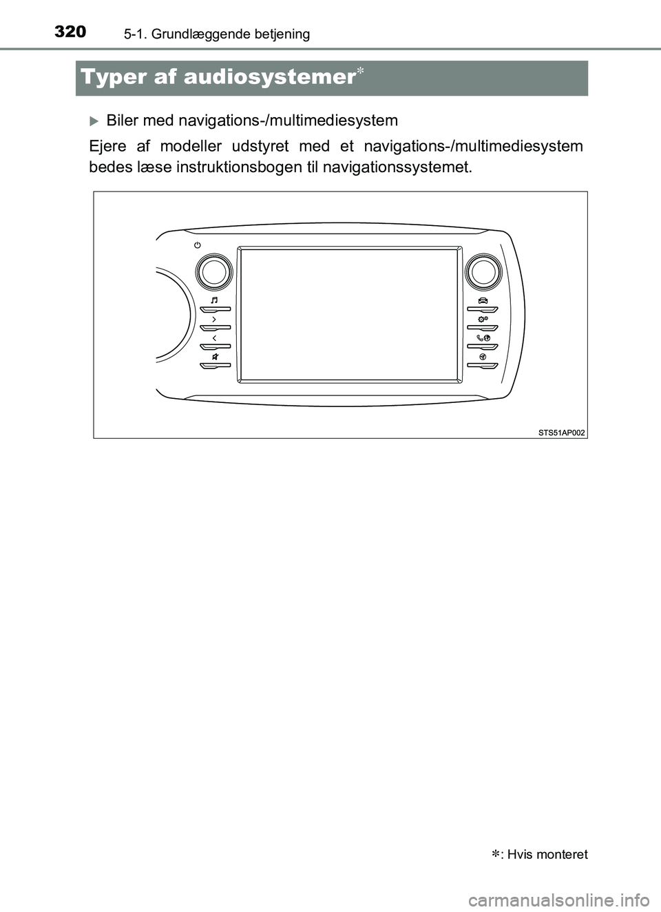 TOYOTA YARIS HATCHBACK 2017 Brugsanvisning (in Danish) 3205-1. Grundlæggende betjening
YARIS_HV_OM_Europe_OM52J66DK
Typer af audiosystemer
Biler med navigations-/multimediesystem
Ejere af modeller udstyret med et navigations-/m ultimediesystem
bede TOYOTA YARIS HATCHBACK 2017 Brugsanvisning (in Danish) 3205-1. Grundlæggende betjening
YARIS_HV_OM_Europe_OM52J66DK
Typer af audiosystemer
Biler med navigations-/multimediesystem
Ejere af modeller udstyret med et navigations-/m ultimediesystem
bede